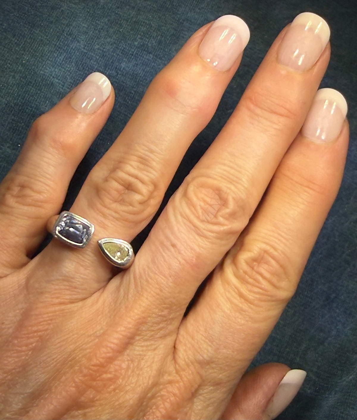 14k White Gold Modern Open Ring w Diamond + Ceylon Blue Sapphire