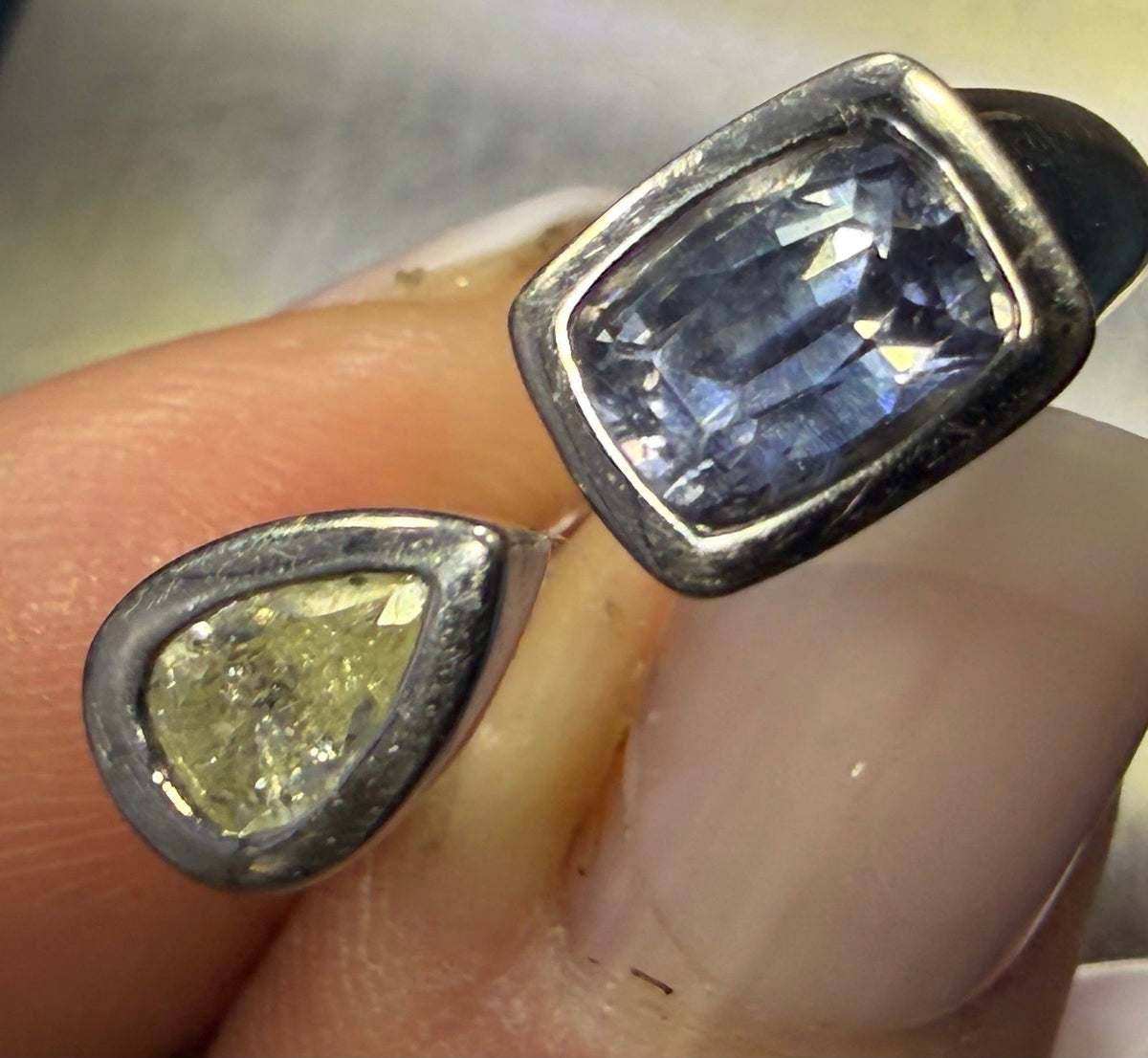 14k White Gold Modern Open Ring w Diamond + Ceylon Blue Sapphire