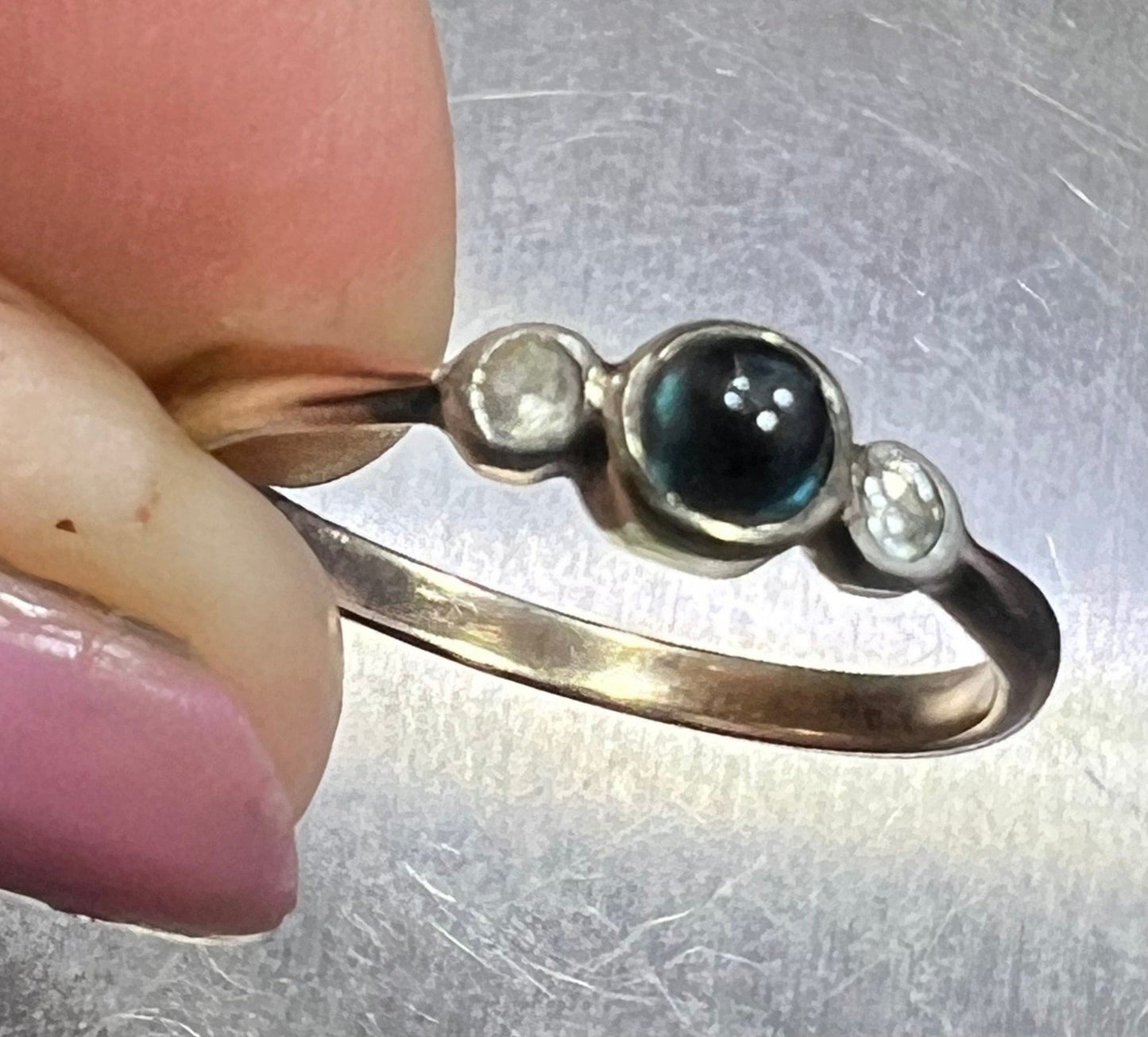 14k White Gold Natural Blue Sapphire Cabochon Ring. Antique. Tiny!
