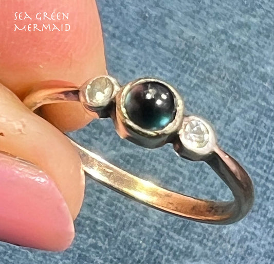 14k White Gold Natural Blue Sapphire Cabochon Ring. Antique. Tiny!