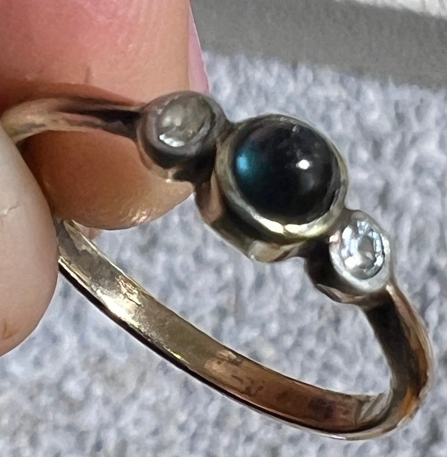 14k White Gold Natural Blue Sapphire Cabochon Ring. Antique. Tiny!
