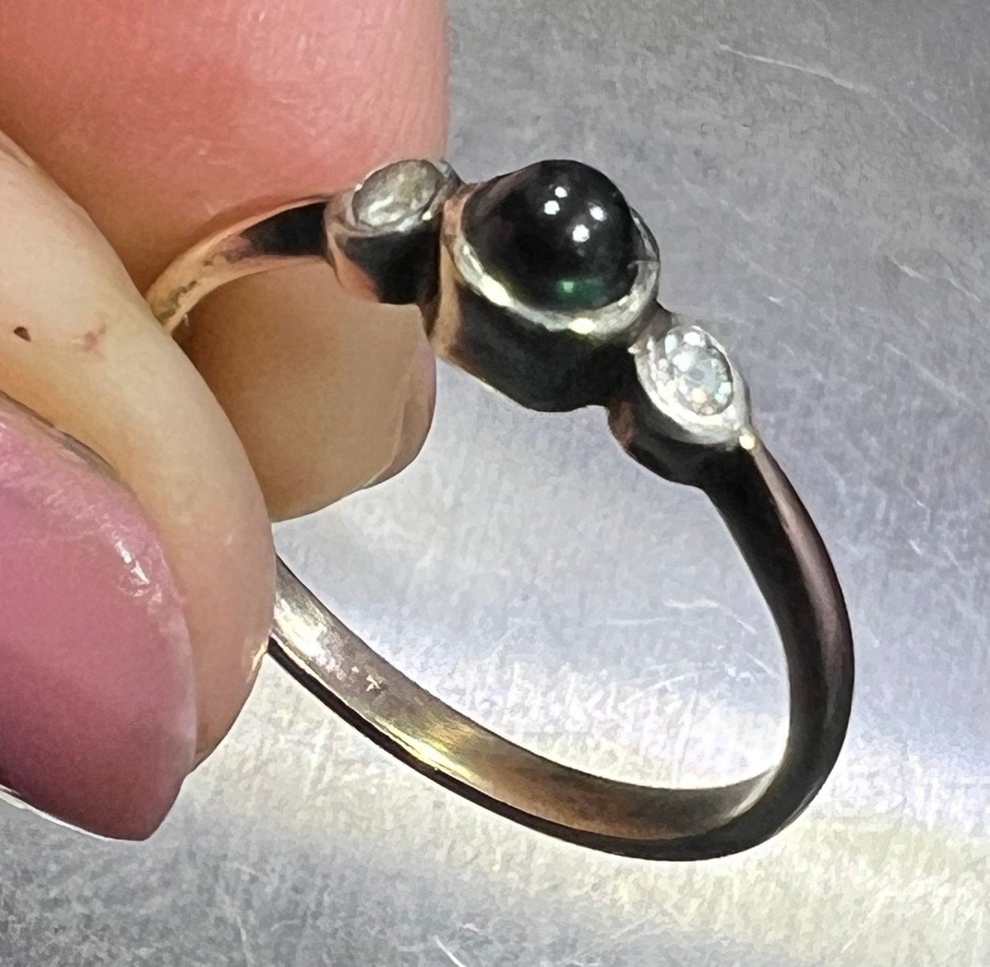 14k White Gold Natural Blue Sapphire Cabochon Ring. Antique. Tiny!