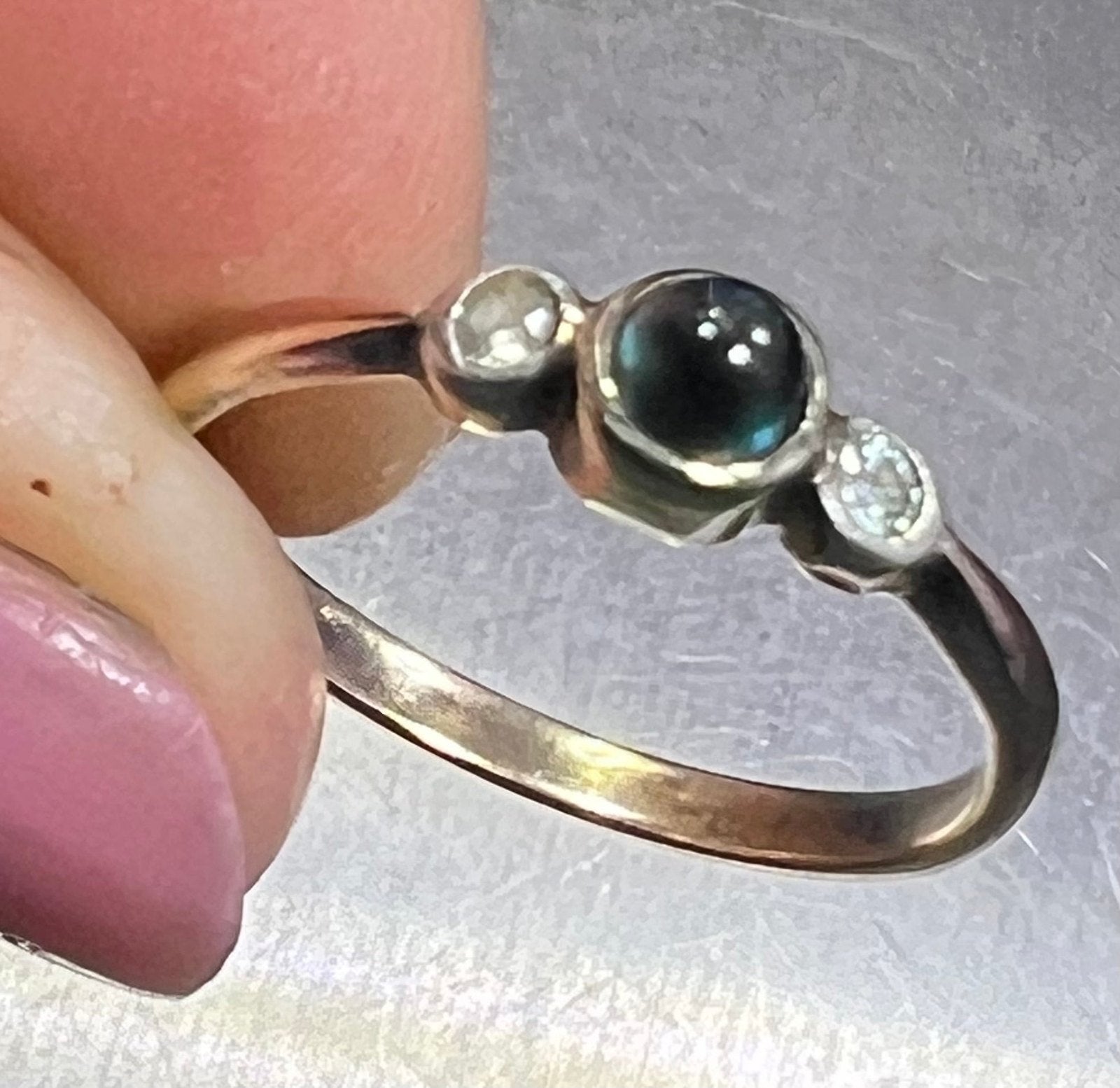 14k White Gold Natural Blue Sapphire Cabochon Ring. Antique. Tiny!