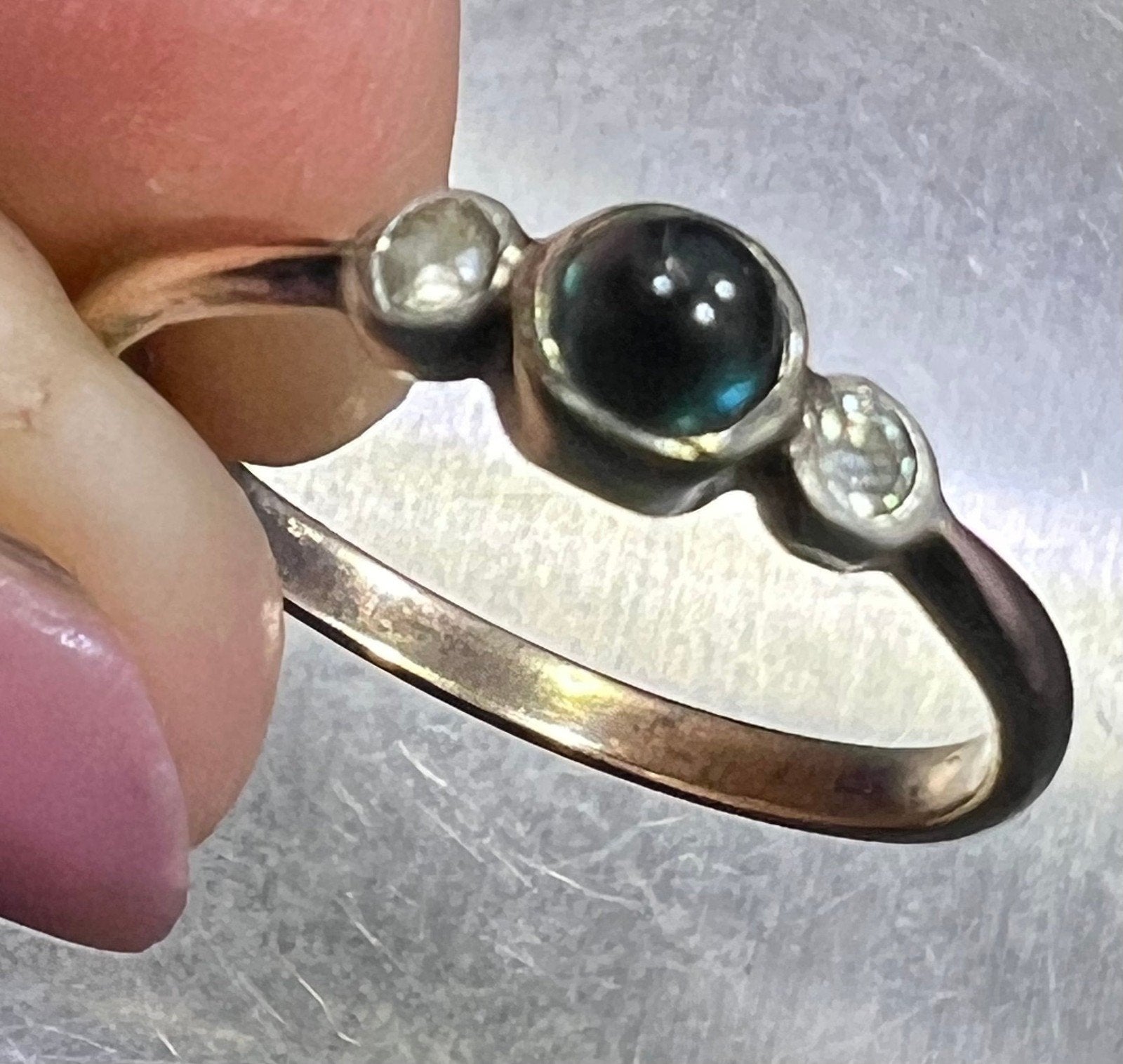 14k White Gold Natural Blue Sapphire Cabochon Ring. Antique. Tiny!