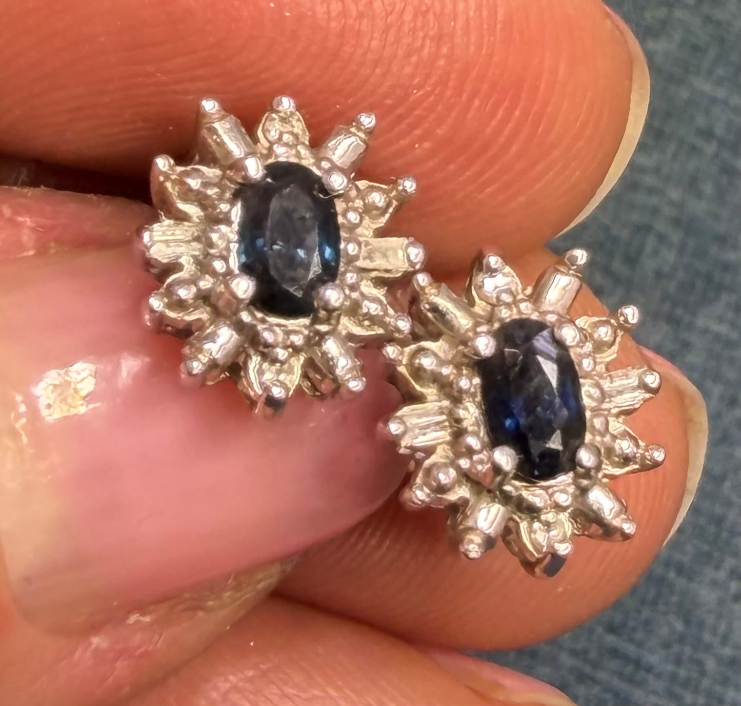 14k White Gold Natural Blue Sapphire & Diamond Halo Earrings