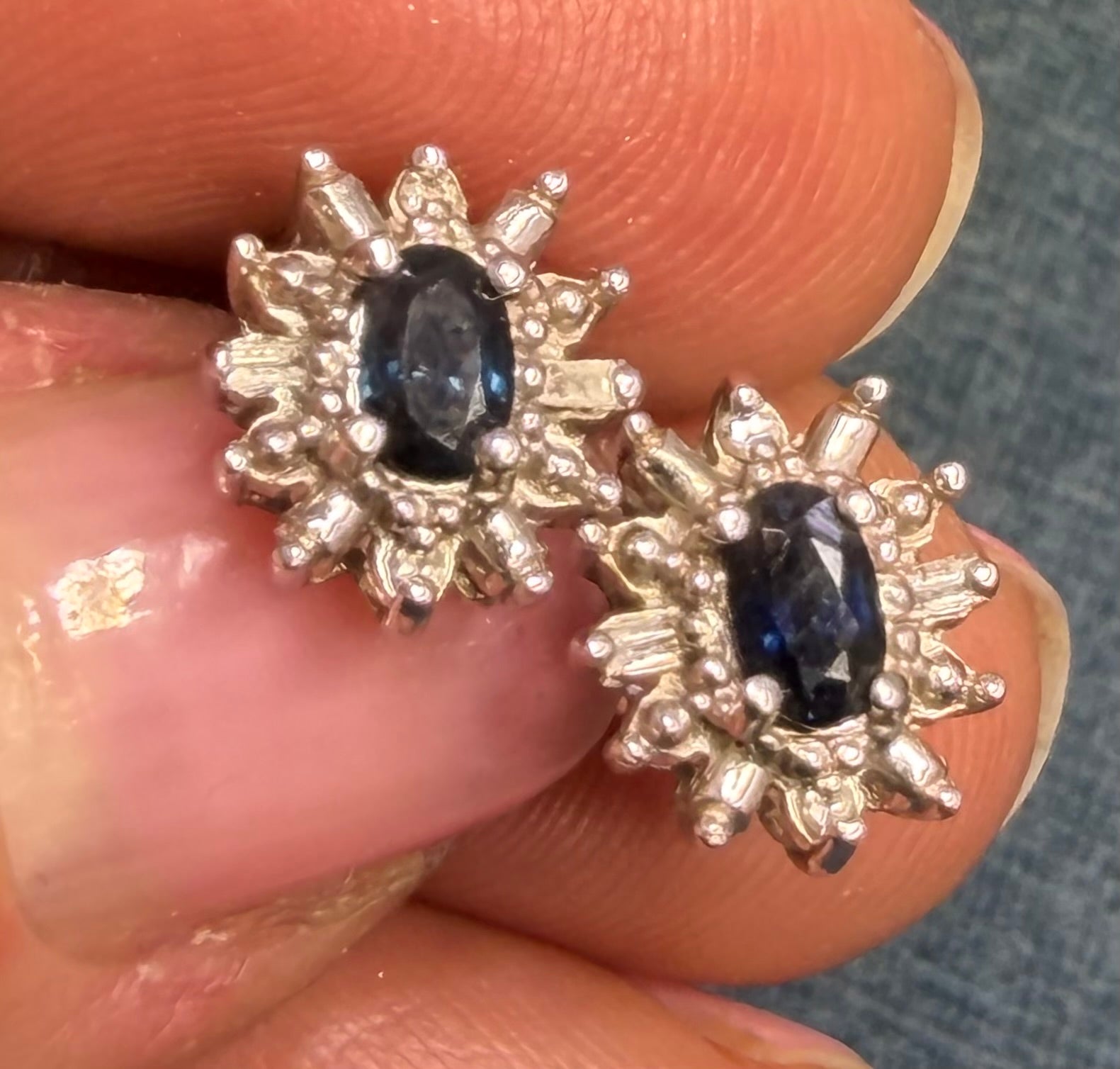 14k White Gold Natural Blue Sapphire & Diamond Halo Earrings