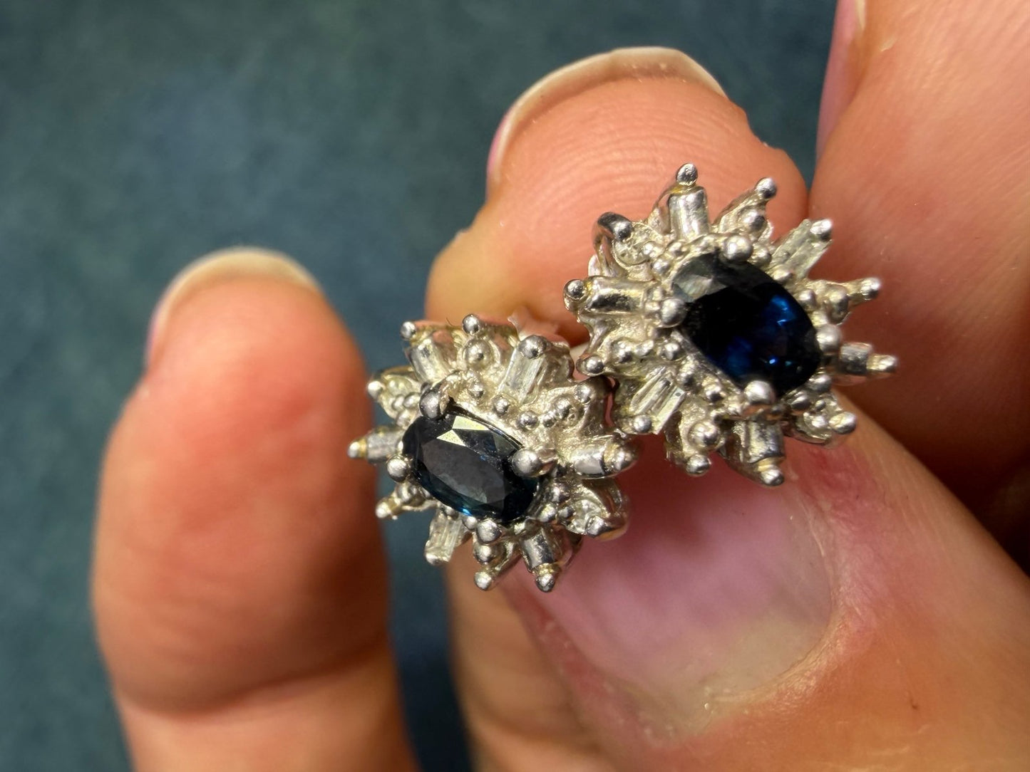 14k White Gold Natural Blue Sapphire & Diamond Halo Earrings