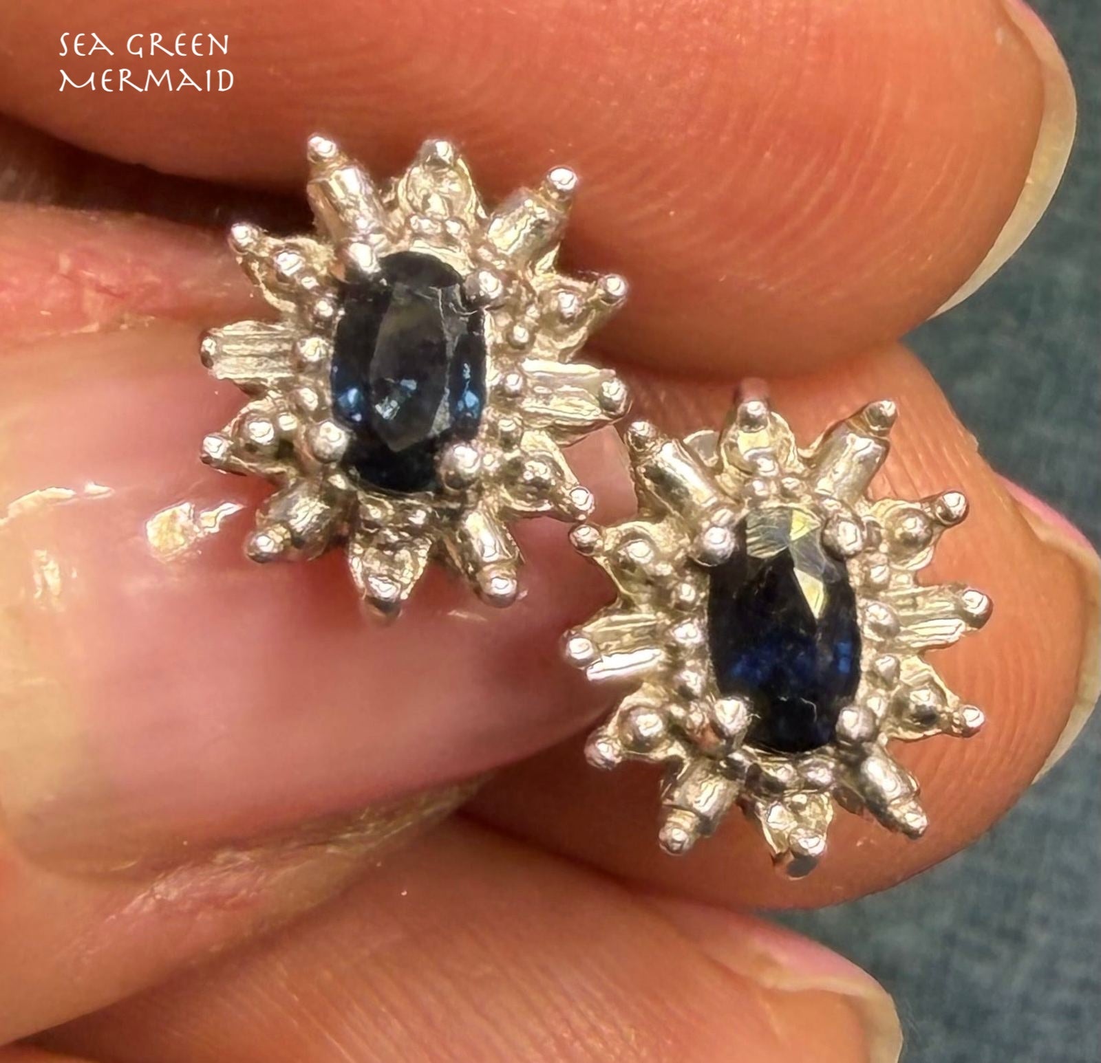 14k White Gold Natural Blue Sapphire & Diamond Halo Earrings