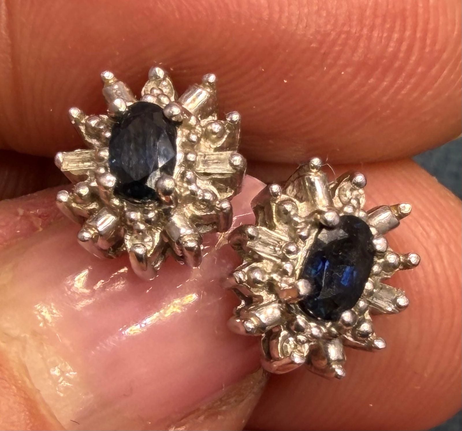 14k White Gold Natural Blue Sapphire & Diamond Halo Earrings