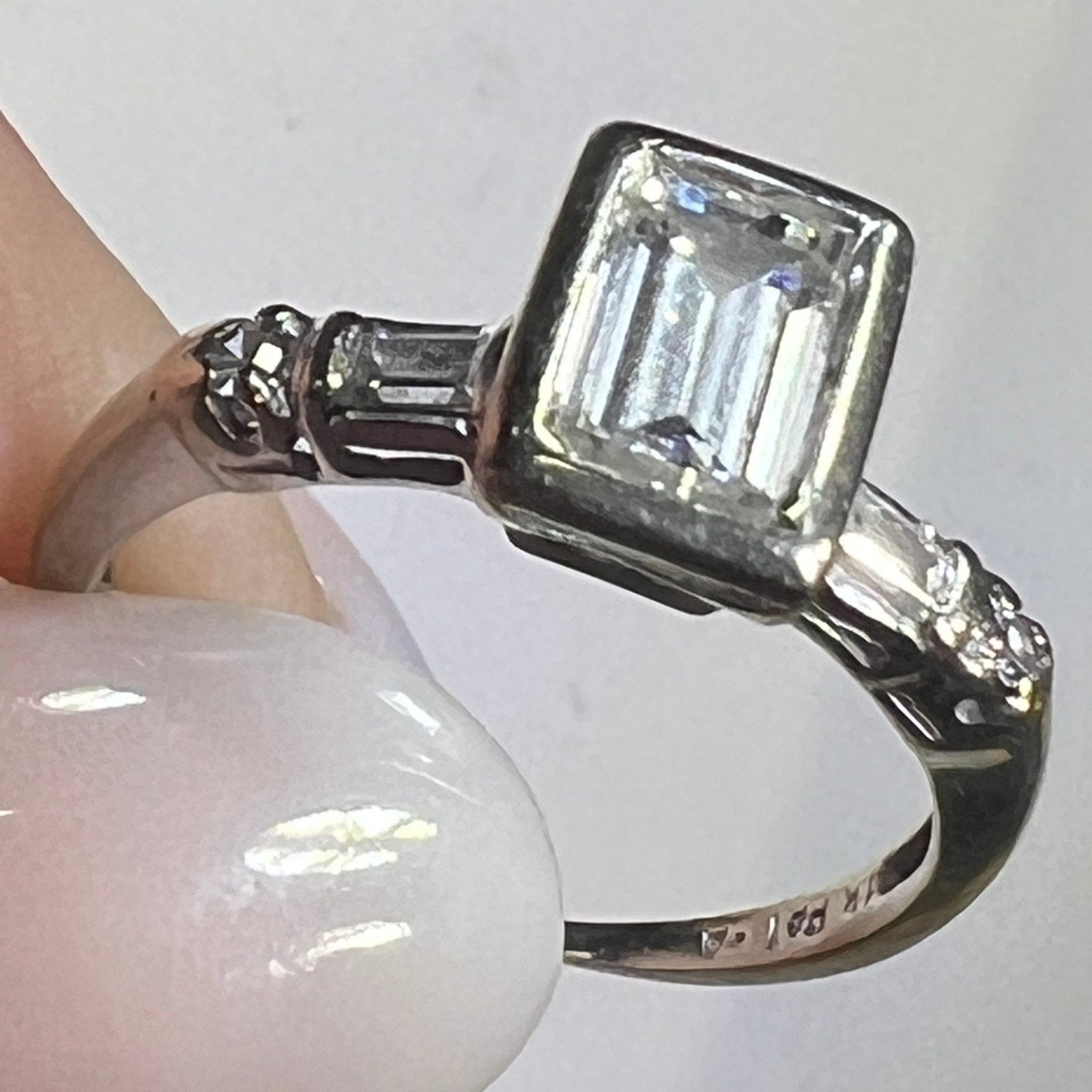 14k White Gold Natural Emerald Cut Diamond Ring. Bezel-Set