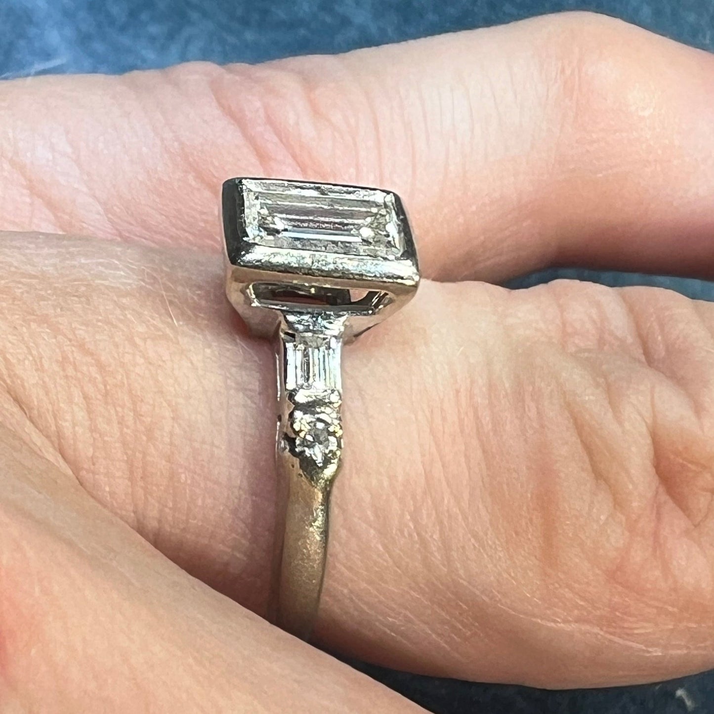 14k White Gold Natural Emerald Cut Diamond Ring. Bezel-Set