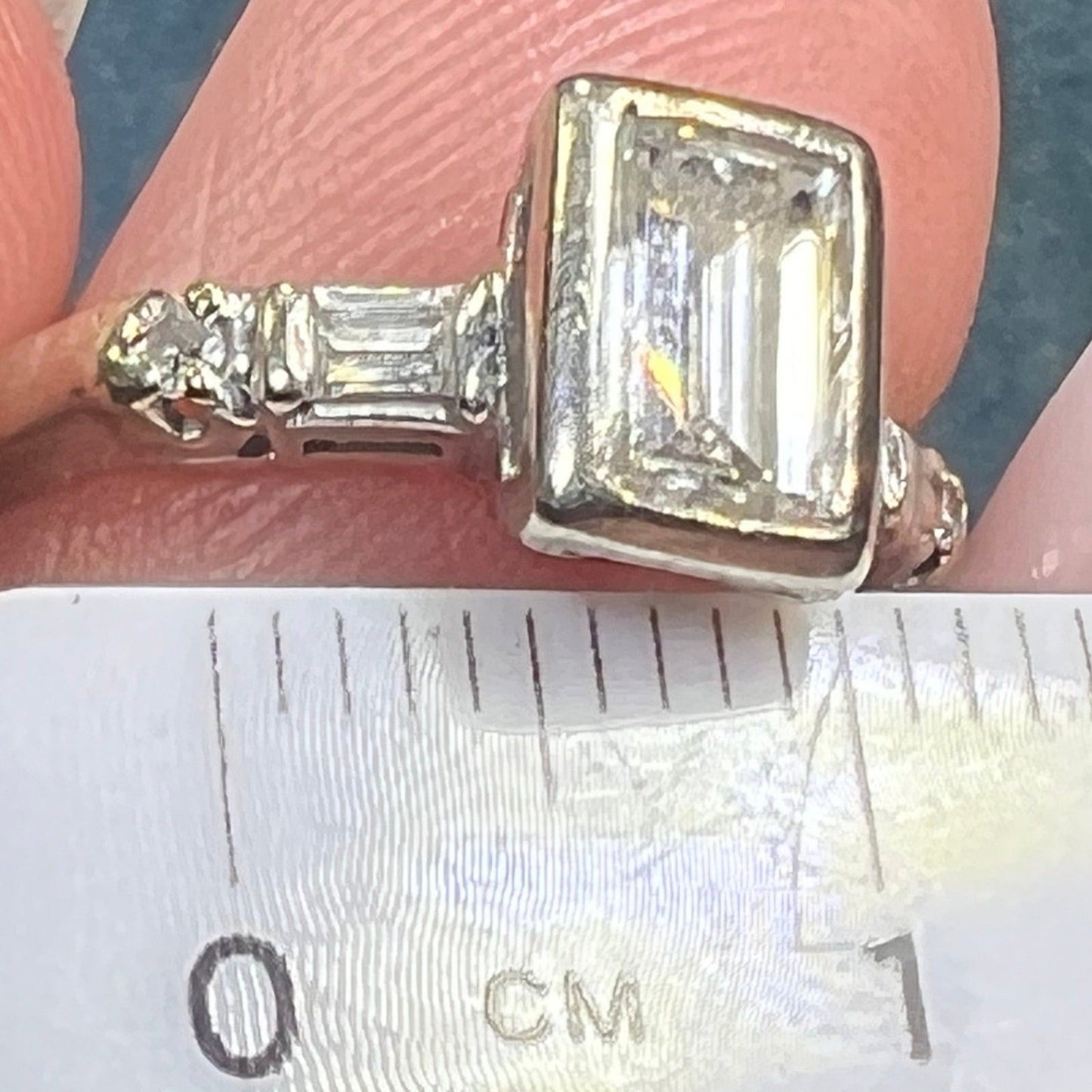 14k White Gold Natural Emerald Cut Diamond Ring. Bezel-Set