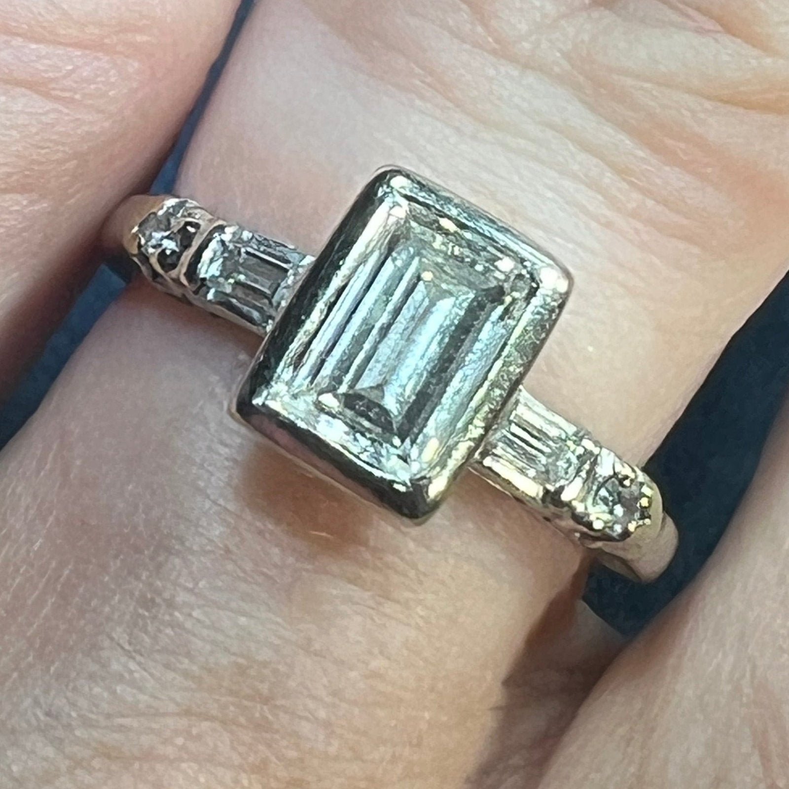 14k White Gold Natural Emerald Cut Diamond Ring. Bezel-Set