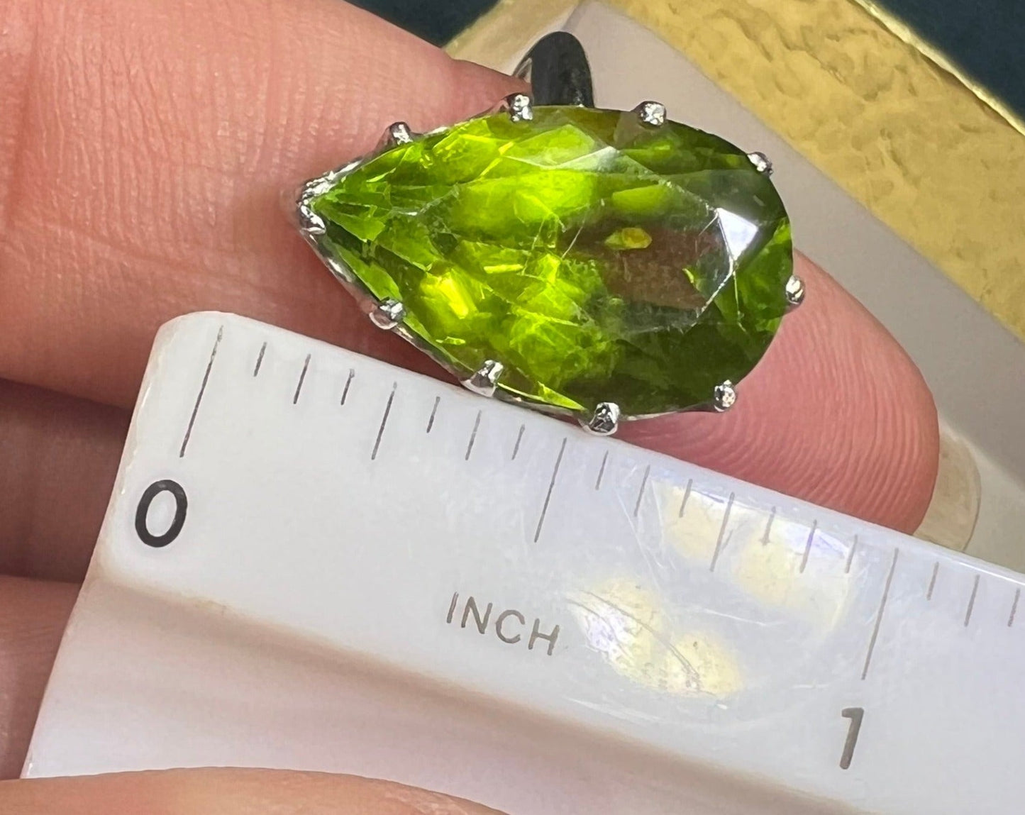 14k White Gold Natural Peridot Pear Teardrop Ring. HUGE 3/4" *Video*