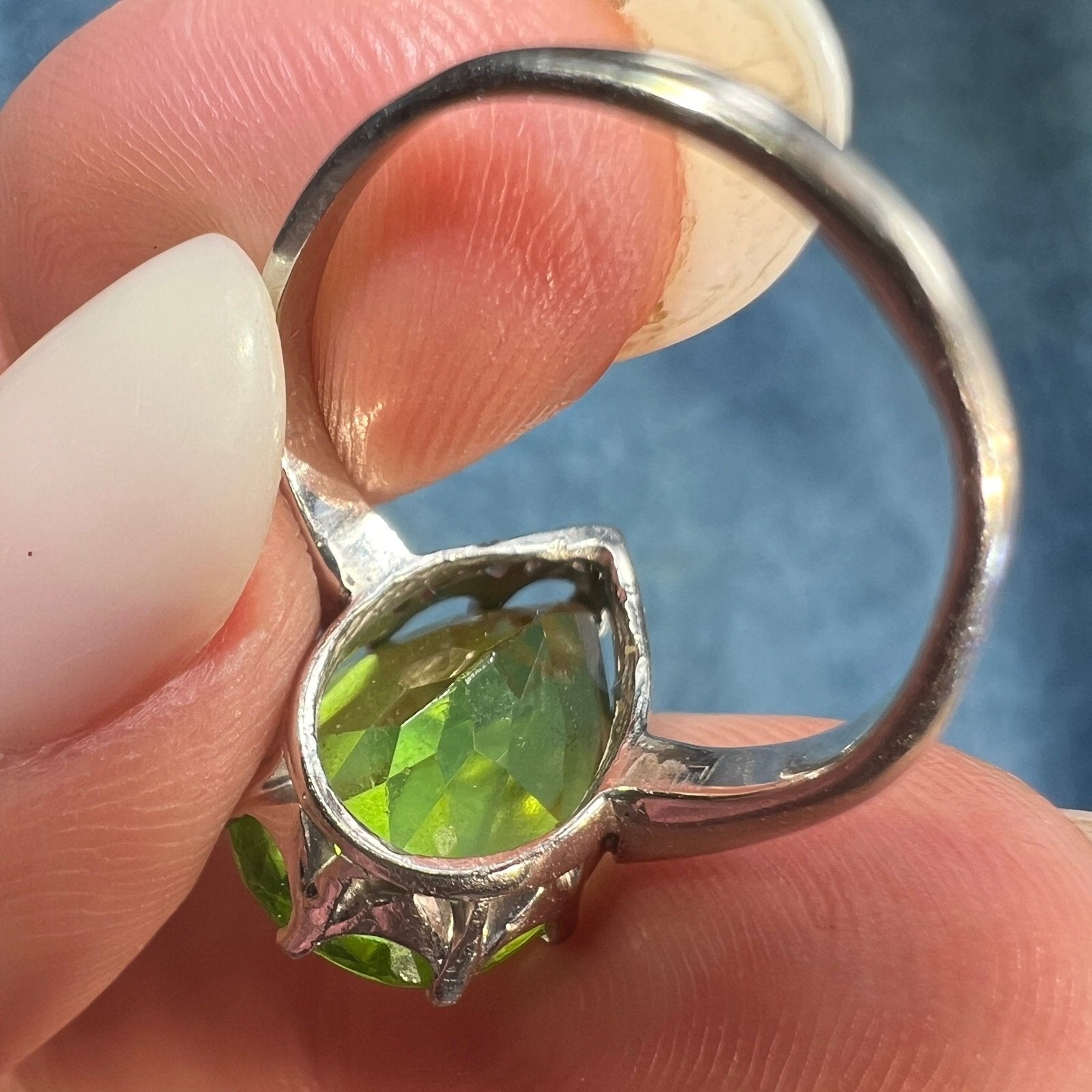 14k White Gold Natural Peridot Pear Teardrop Ring. HUGE 3/4" *Video*