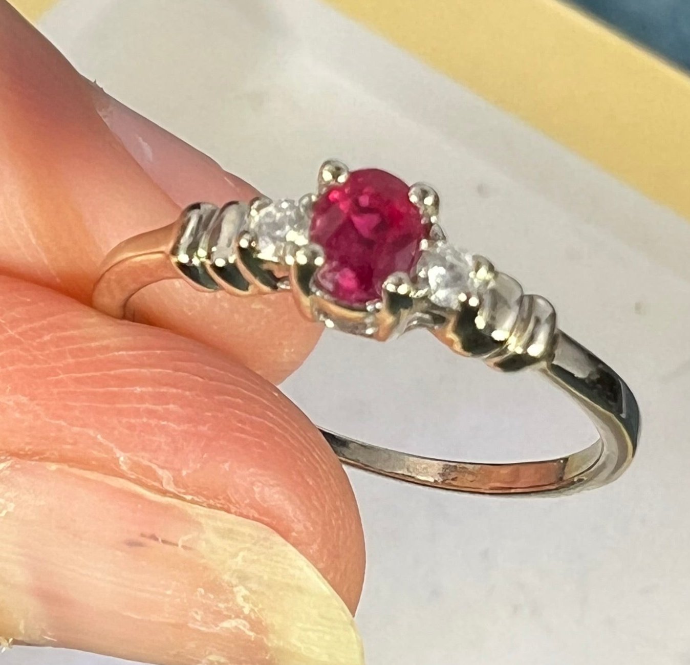 14k White Gold Natural Red Ruby Ring w Diamonds