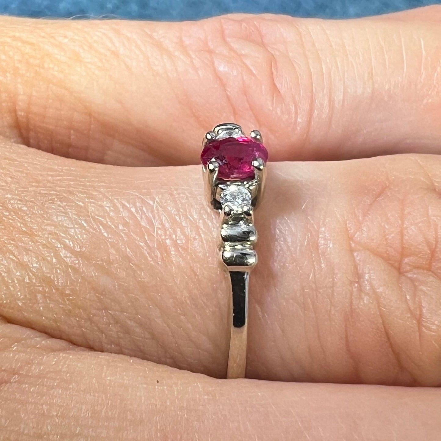 14k White Gold Natural Red Ruby Ring w Diamonds