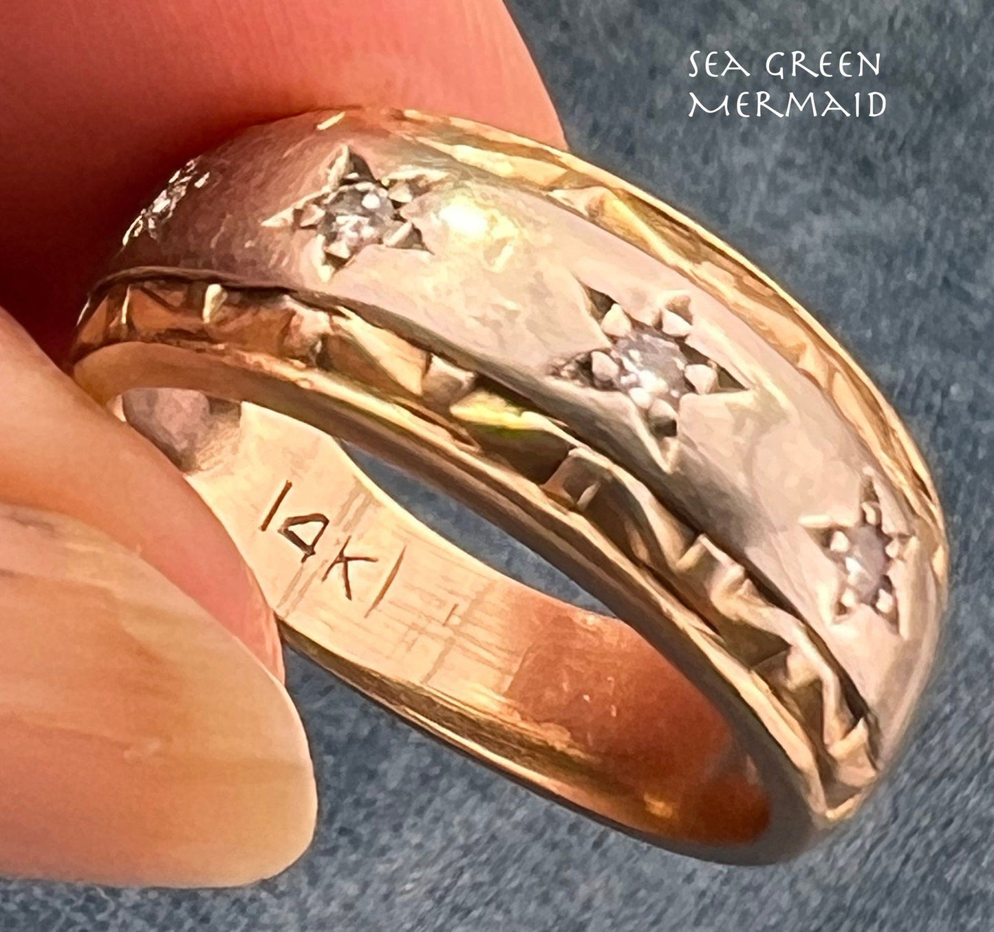 14k White & Yellow Gold Gypsy-Set Diamond Stars Ring. Wide Band Sz 5