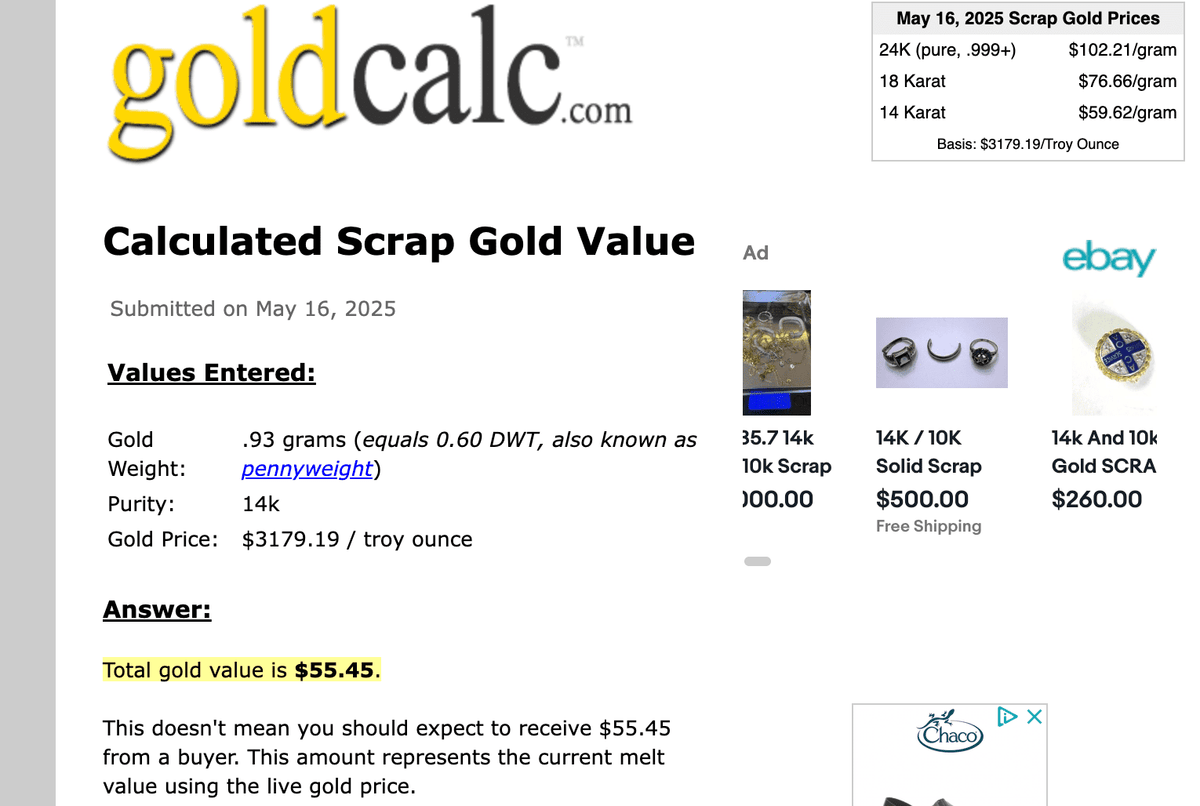 14k Yellow Gold 0.93 grams. 80% SCRAP Price - I