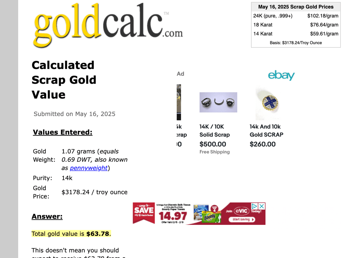 14k Yellow Gold 1.07 grams. 80% SCRAP Price - J