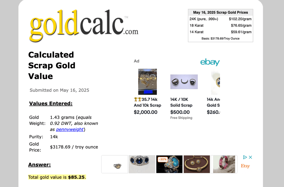14k Yellow Gold 1.43 grams. 80% SCRAP Price - G