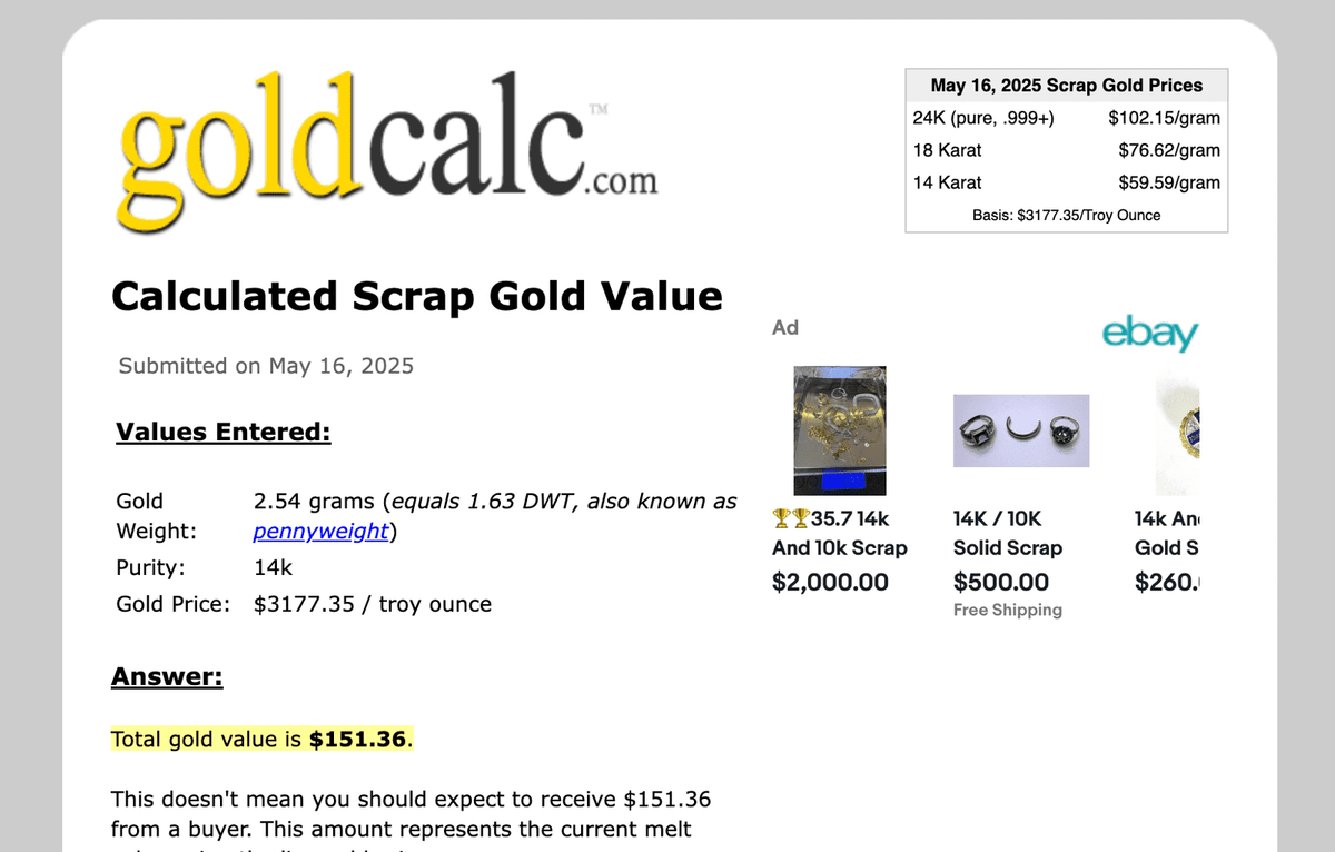 14k Yellow Gold 2.54 grams at 80% SCRAP Price - L
