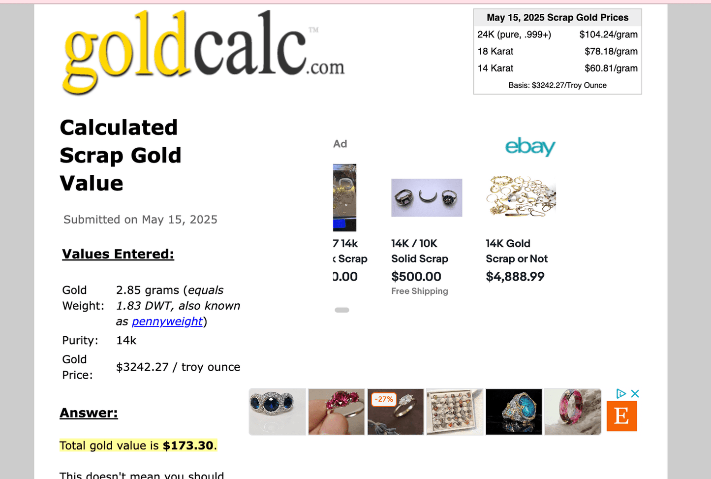 14k Yellow Gold 2.85 grams. 80% SCRAP Price - B