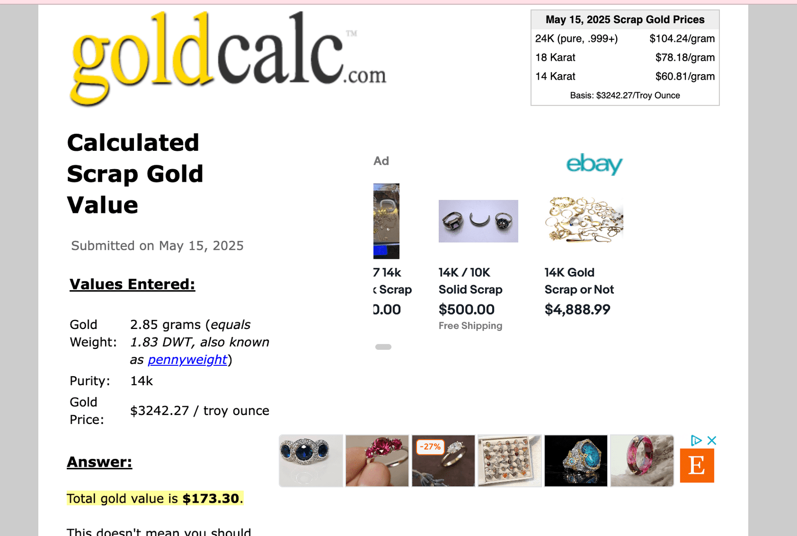 14k Yellow Gold 2.85 grams. 80% SCRAP Price - B