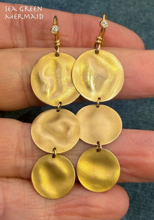 14k Yellow Gold 2" Hammered 3 Disk Dangle Earrings w Diamonds. Designer