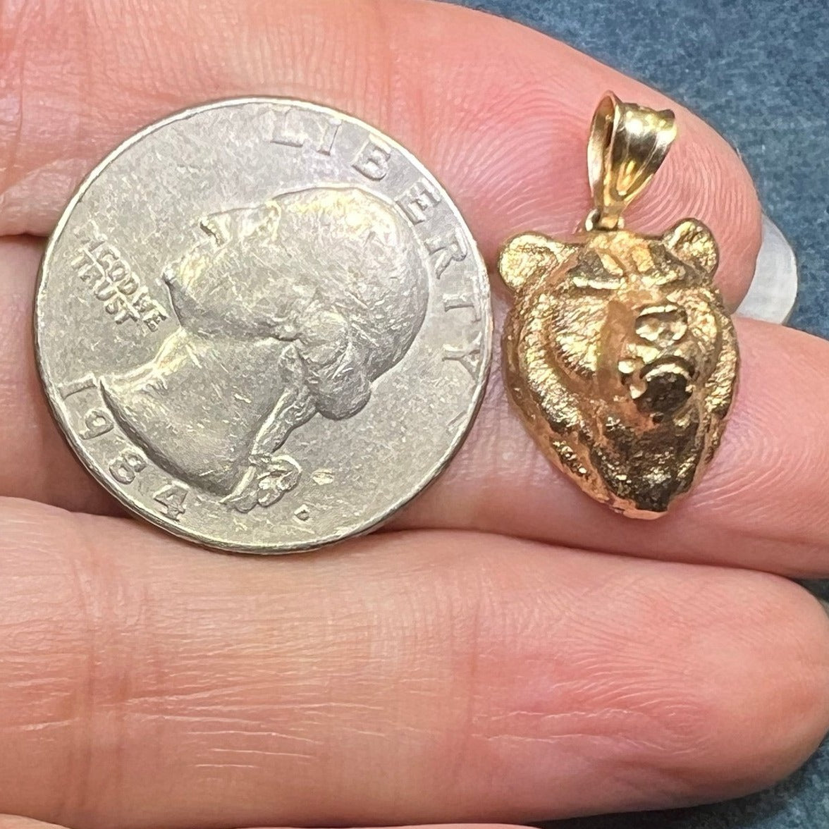 14k Yellow Gold 3-D Chunky Grizzly Bear Pendant. Powerful