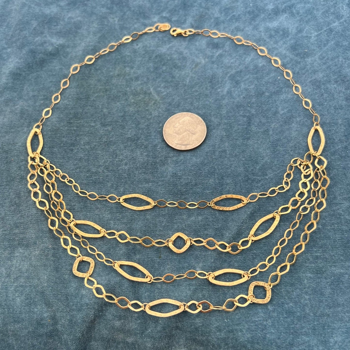 14k Yellow Gold 4 Layer Hammered Geometric Links Chain. 10.5g Italy