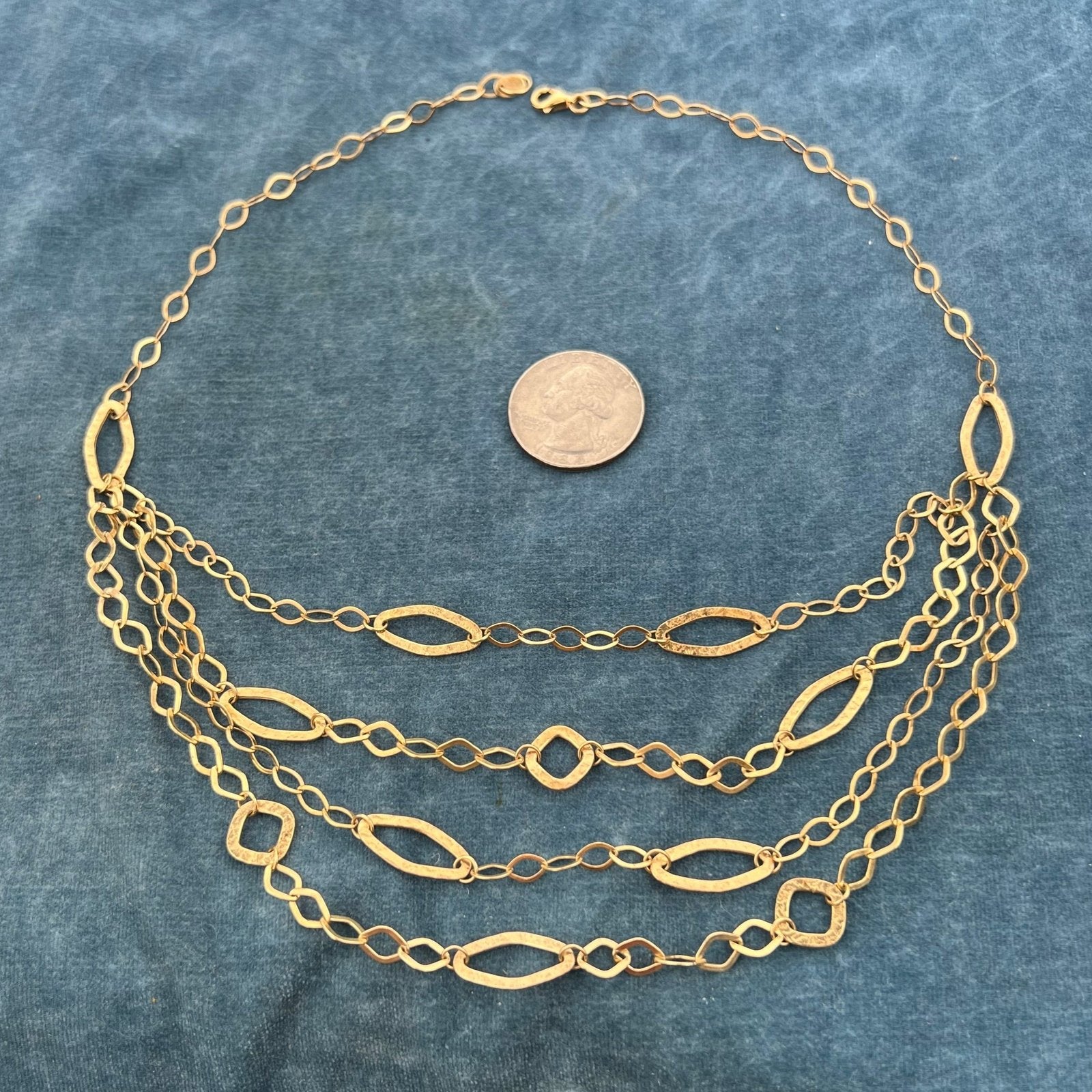 14k Yellow Gold 4 Layer Hammered Geometric Links Chain. 10.5g Italy