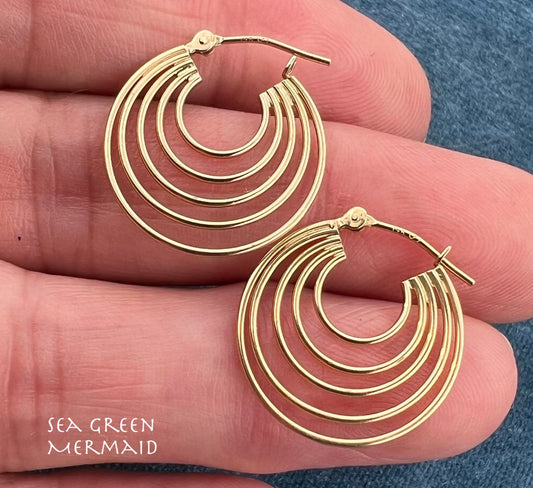 14k Yellow Gold 5 Nested Multi-Hoop Earrings. Geometric