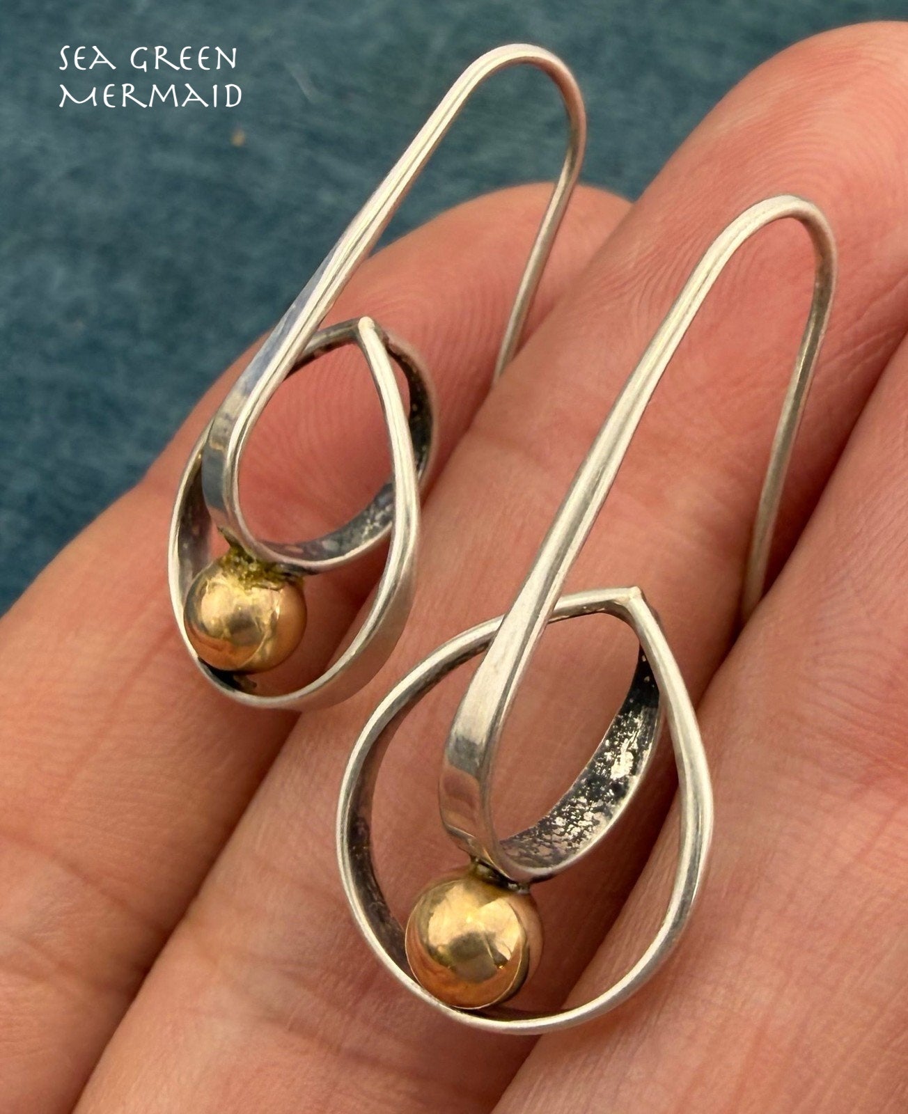 14k Yellow Gold & 925 ED LEVIN Twisted Hoop Ball Earrings. Modernist