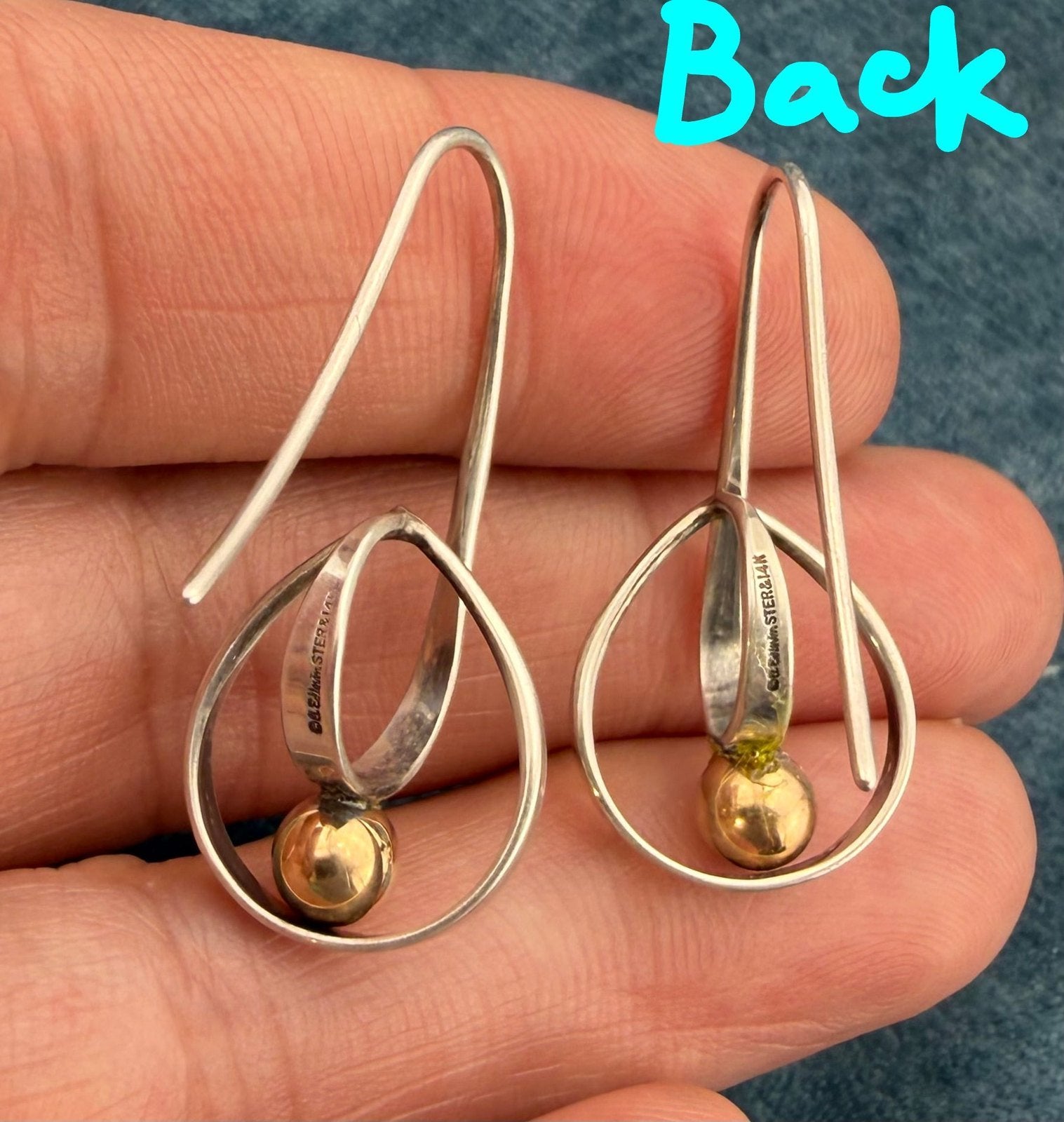 14k Yellow Gold & 925 ED LEVIN Twisted Hoop Ball Earrings. Modernist