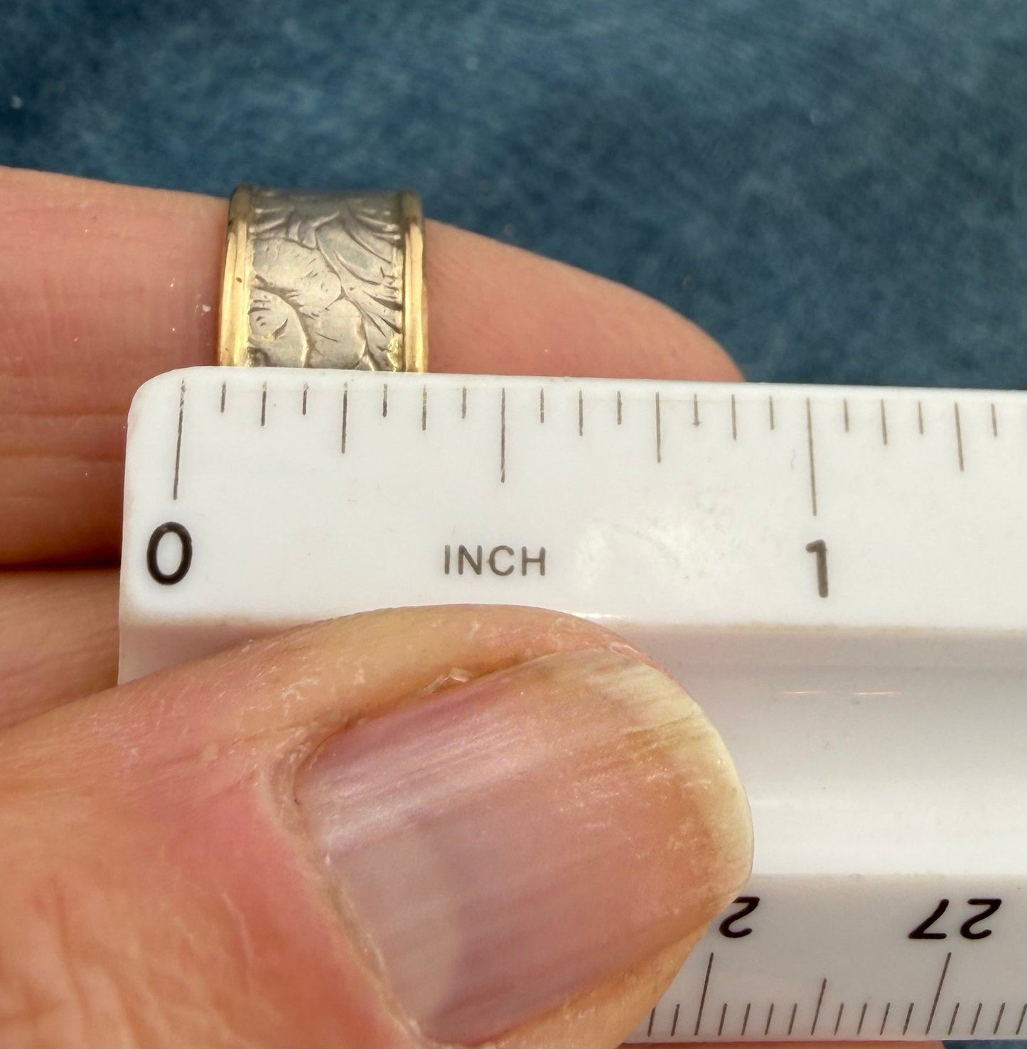 14k Yellow Gold + 925 Floral Engraved Wide Cigar Band Ring. Designer Ed Levin