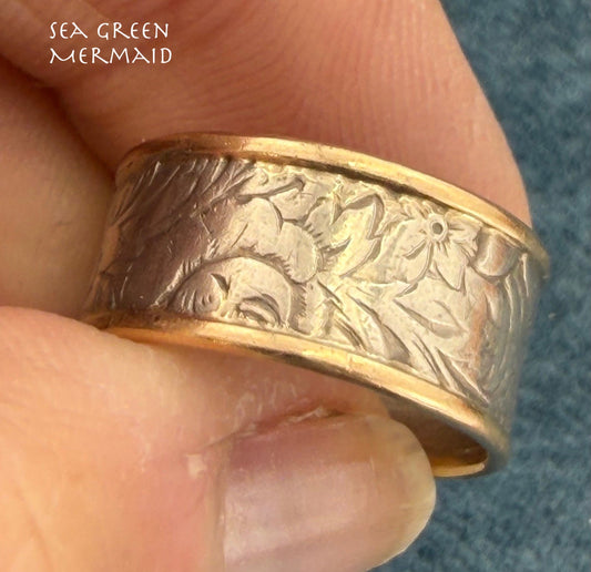 14k Yellow Gold + 925 Floral Engraved Wide Cigar Band Ring. Designer Ed Levin