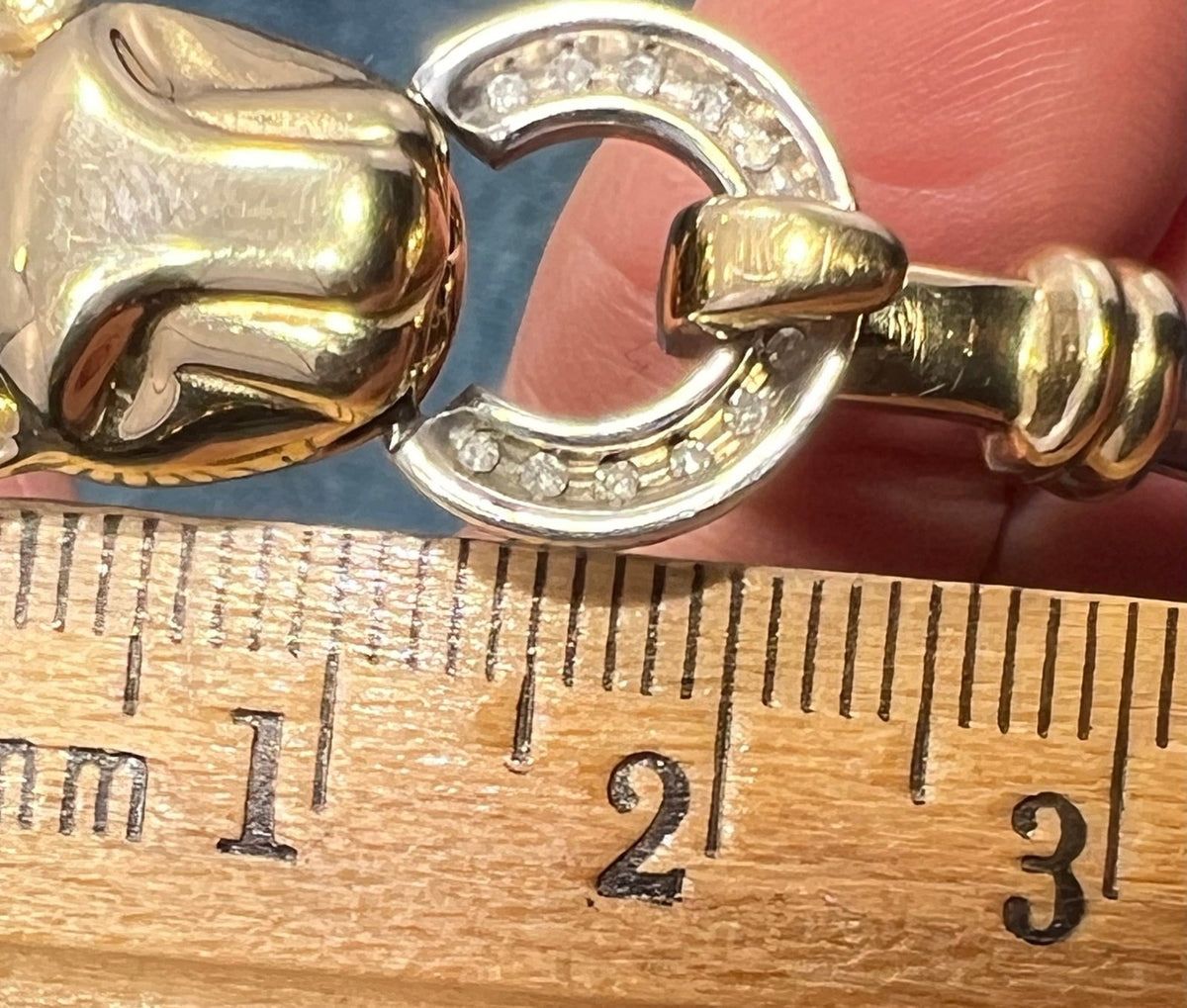14k Yellow Gold & 925 LEOPARD Bangle Bracelet. Diamond Clasp. 9g