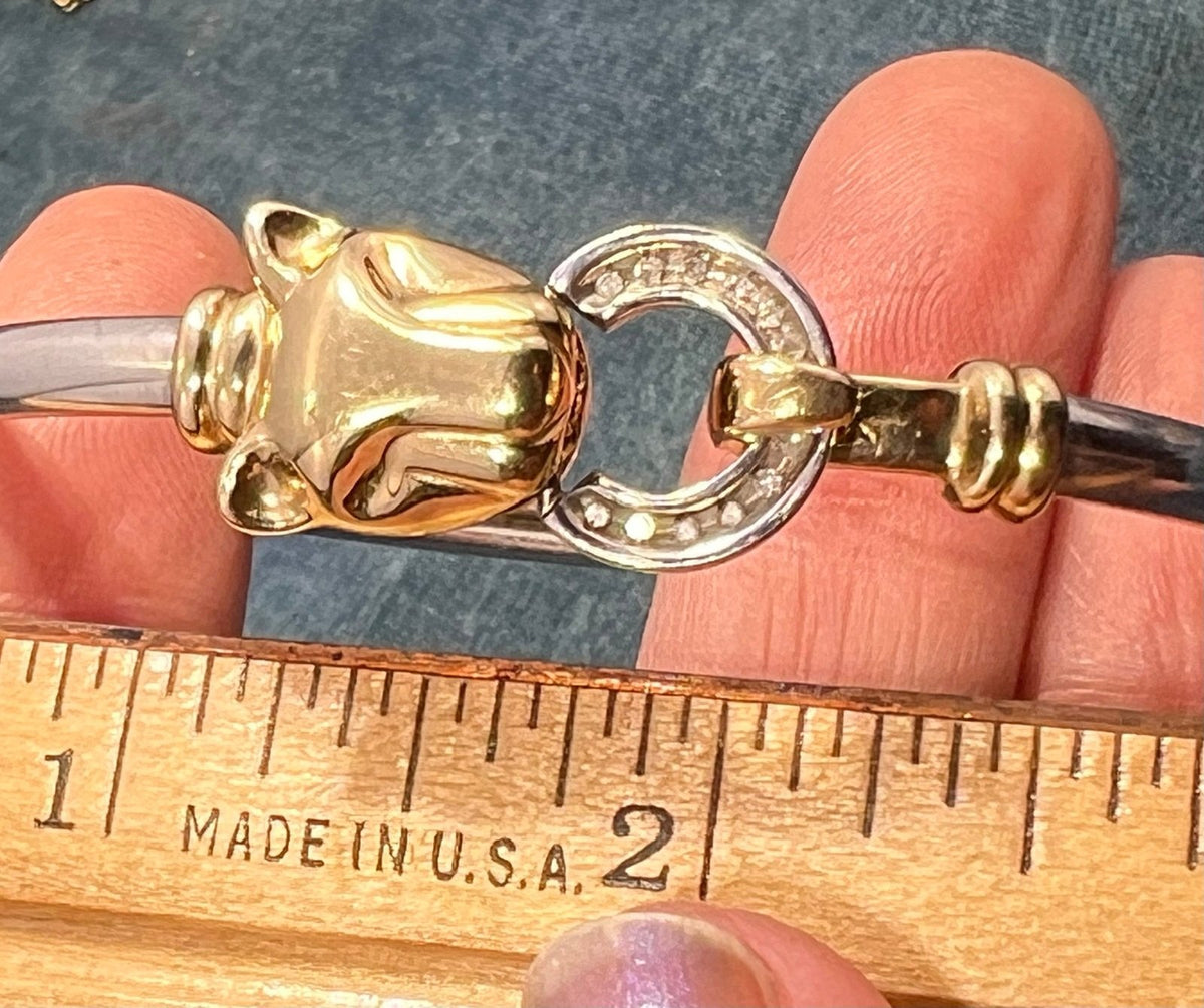 14k Yellow Gold & 925 LEOPARD Bangle Bracelet. Diamond Clasp. 9g