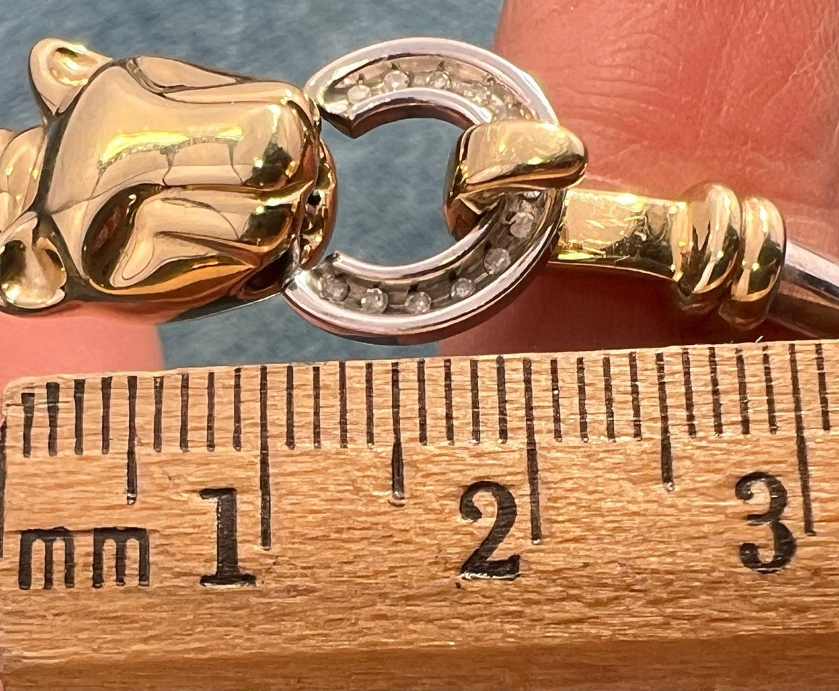 14k Yellow Gold & 925 LEOPARD Bangle Bracelet. Diamond Clasp. 9g