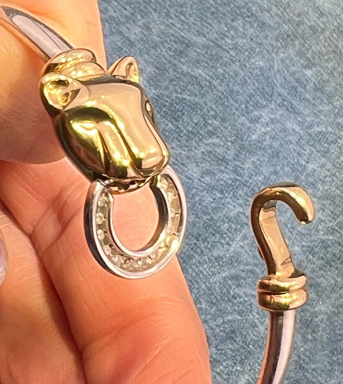 14k Yellow Gold & 925 LEOPARD Bangle Bracelet. Diamond Clasp. 9g