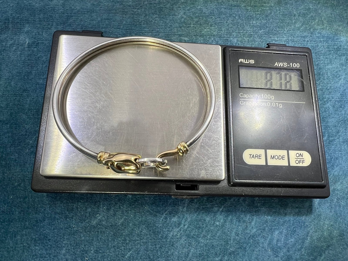 14k Yellow Gold & 925 LEOPARD Bangle Bracelet. Diamond Clasp. 9g