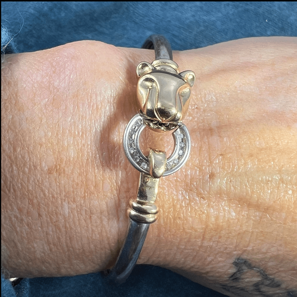 14k Yellow Gold & 925 LEOPARD Bangle Bracelet. Diamond Clasp. 9g