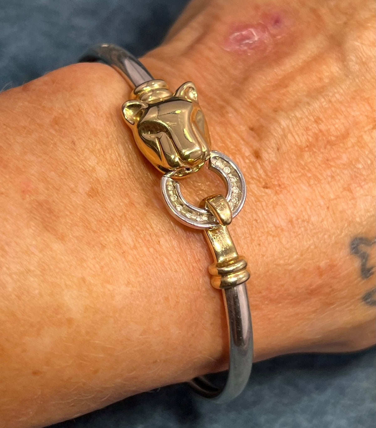 14k Yellow Gold & 925 LEOPARD Bangle Bracelet. Diamond Clasp. 9g