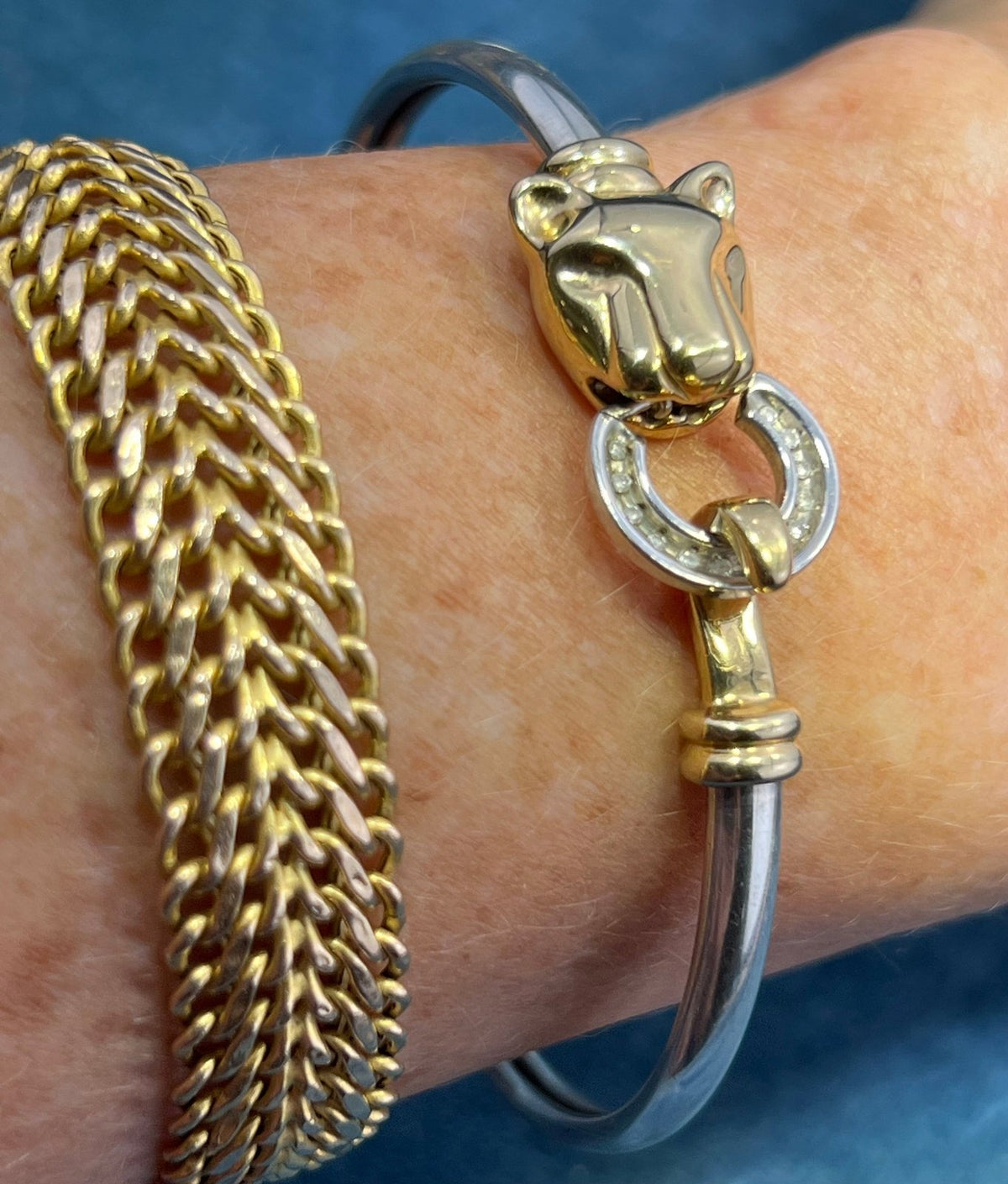 14k Yellow Gold & 925 LEOPARD Bangle Bracelet. Diamond Clasp. 9g