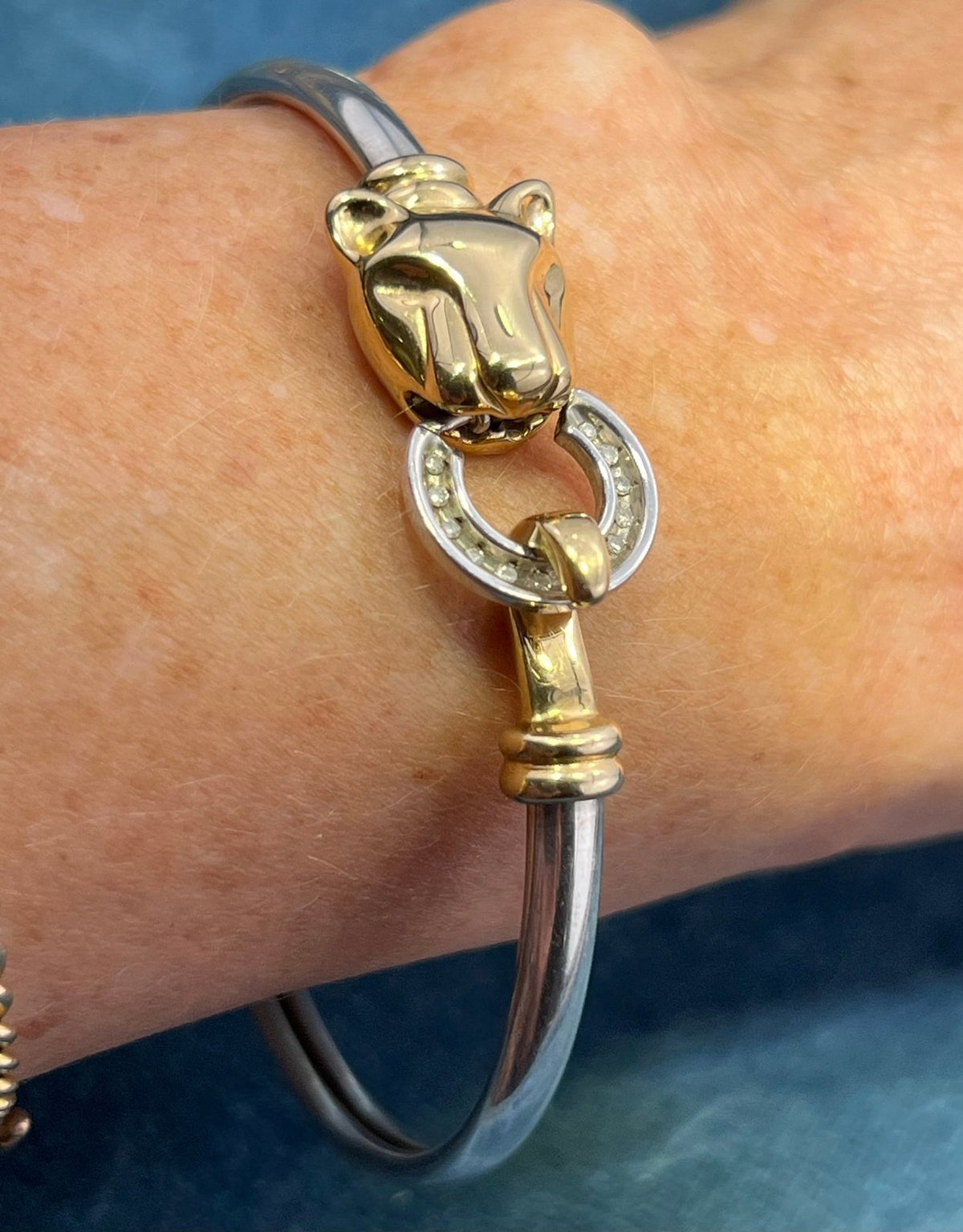 14k Yellow Gold & 925 LEOPARD Bangle Bracelet. Diamond Clasp. 9g