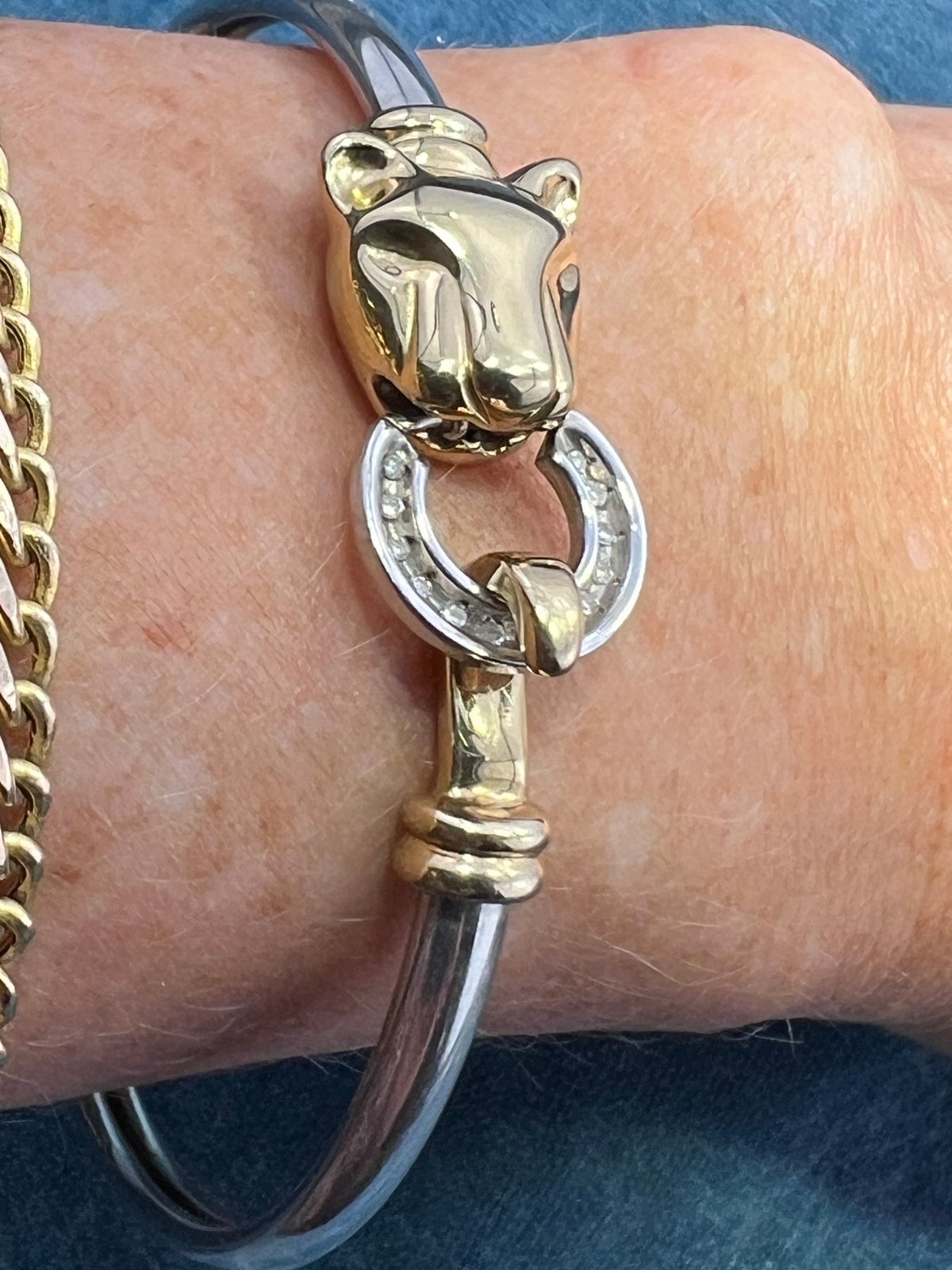 14k Yellow Gold & 925 LEOPARD Bangle Bracelet. Diamond Clasp. 9g