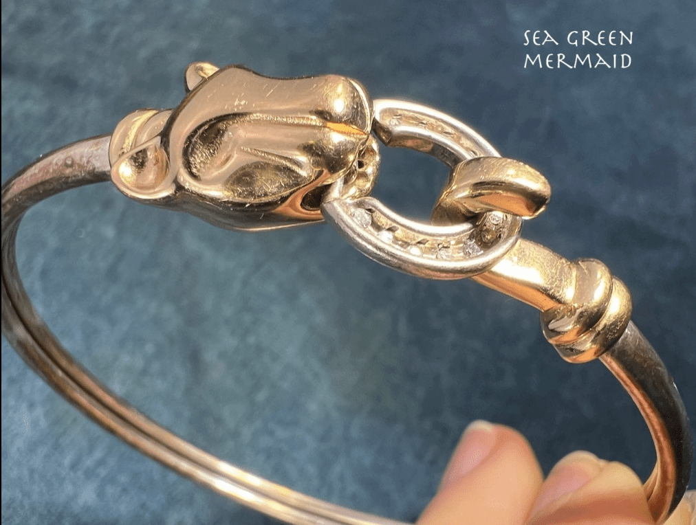 14k Yellow Gold & 925 LEOPARD Bangle Bracelet. Diamond Clasp. 9g