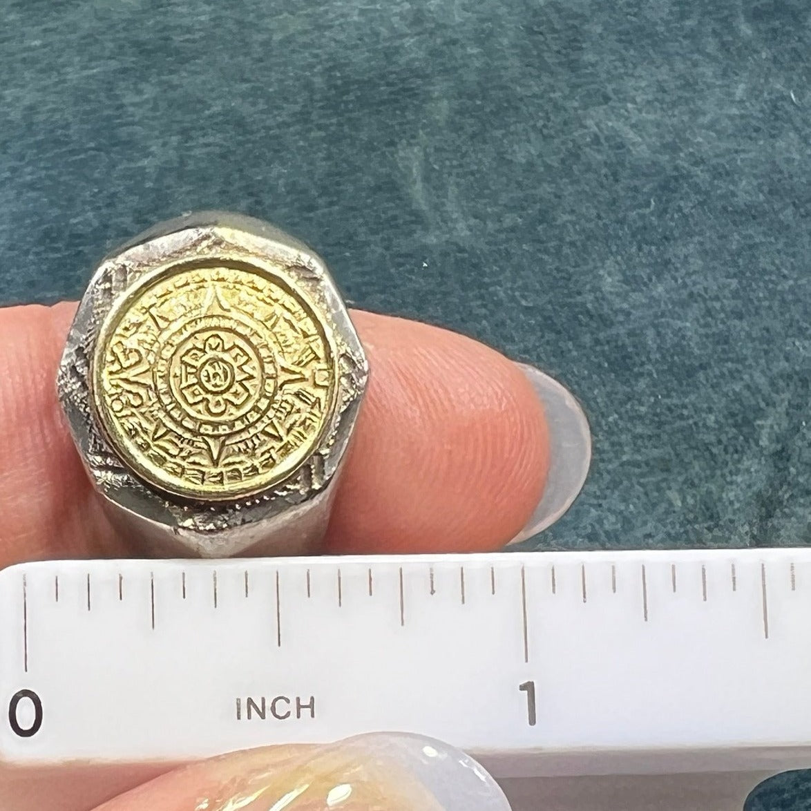 14k Yellow Gold & 925 Mayan Aztec Calendar Ring. Octagonal 11g