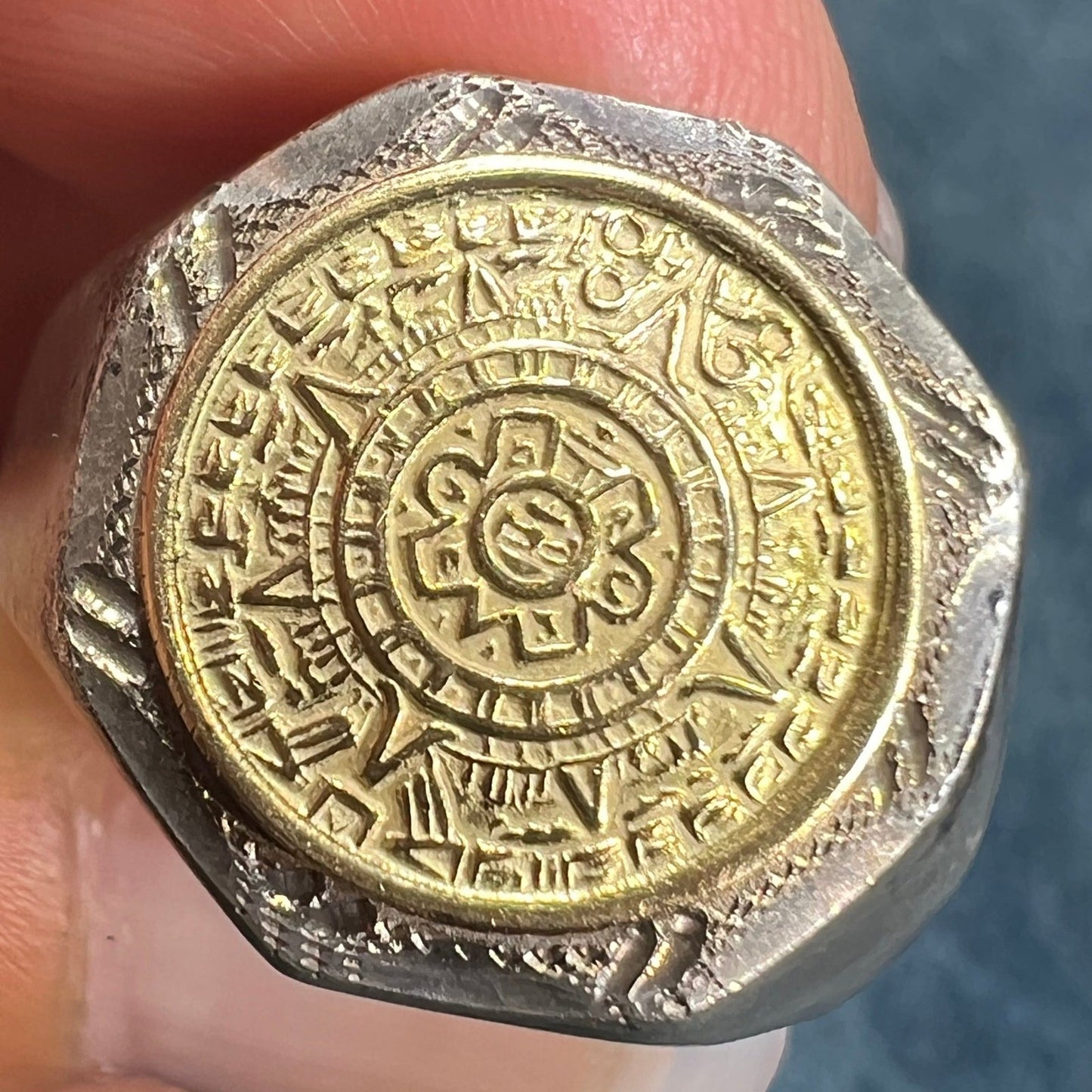 14k Yellow Gold & 925 Mayan Aztec Calendar Ring. Octagonal 11g